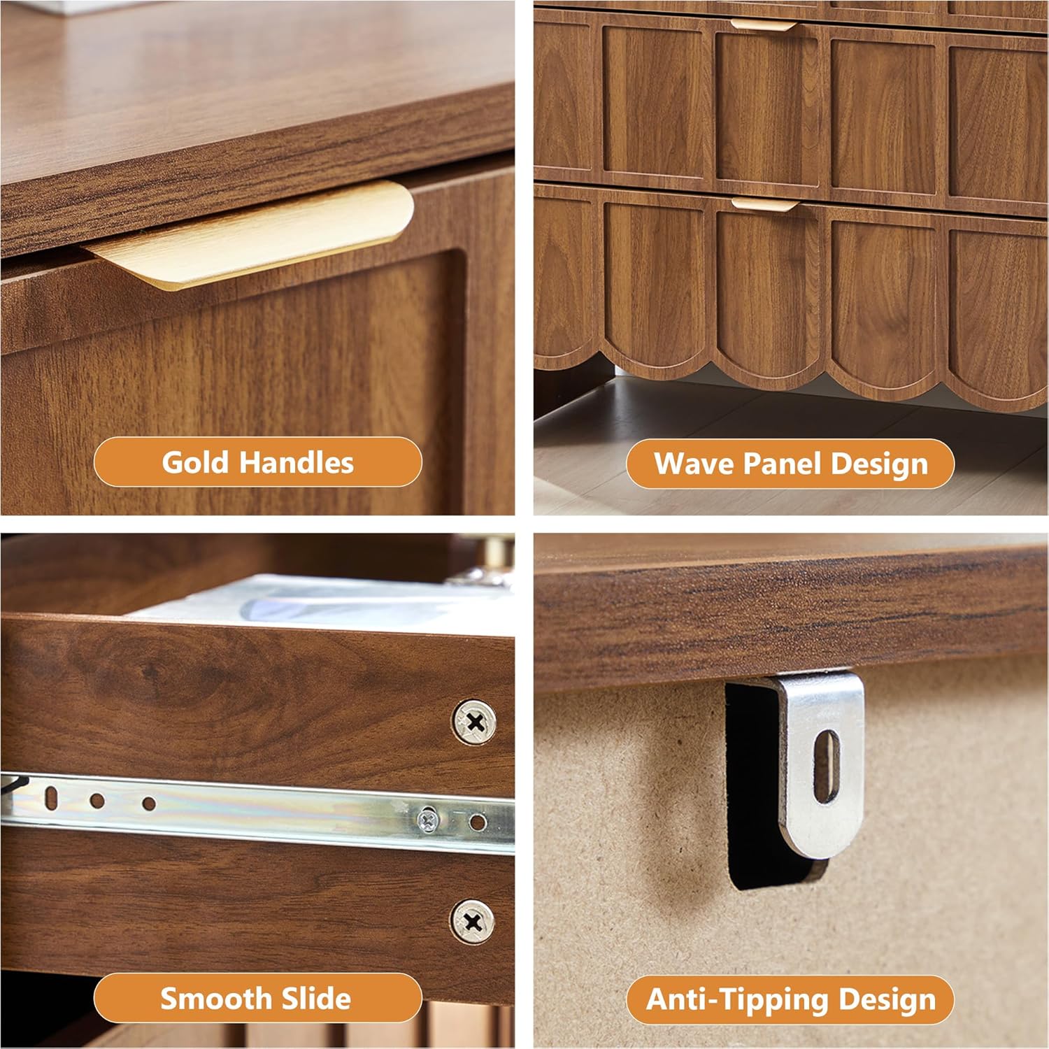 ORRD 3 Drawer Dresser for Bedroom Set of 2, Modern Closet Chest of Drawers with Wave Fluted Drawer, Wood Storage Small Dresser Organizer for Nursery Bedroom Living Room Hallway Closet (Walnut)