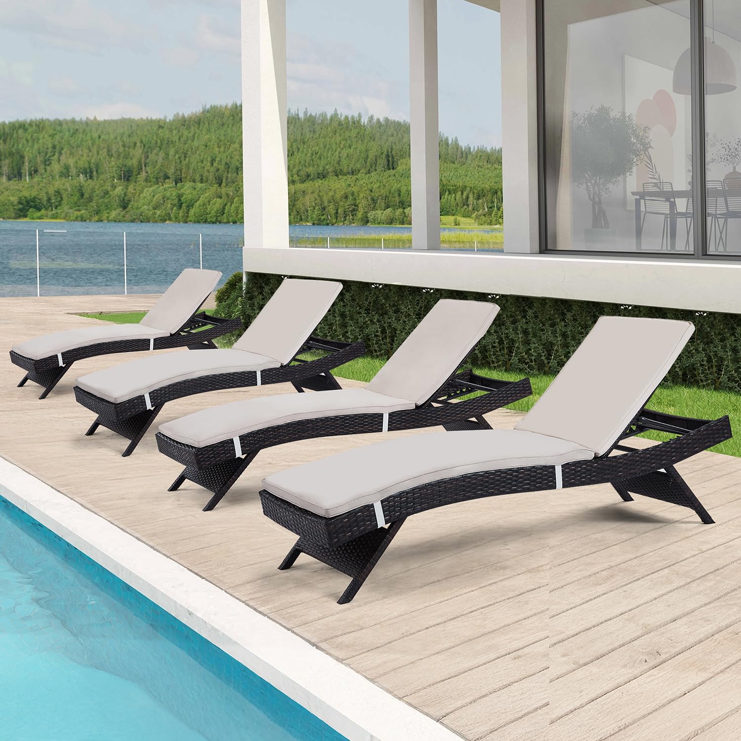 79'' Long Reclining Chaise Lounge Set (Set of 2), Outdoor Wicker Reclining Lounge Chair Patio Rattan Double Chaise Lounge Lawn Sunbathing Chairs Beach Pool Backrest Recliners (Set of 2)