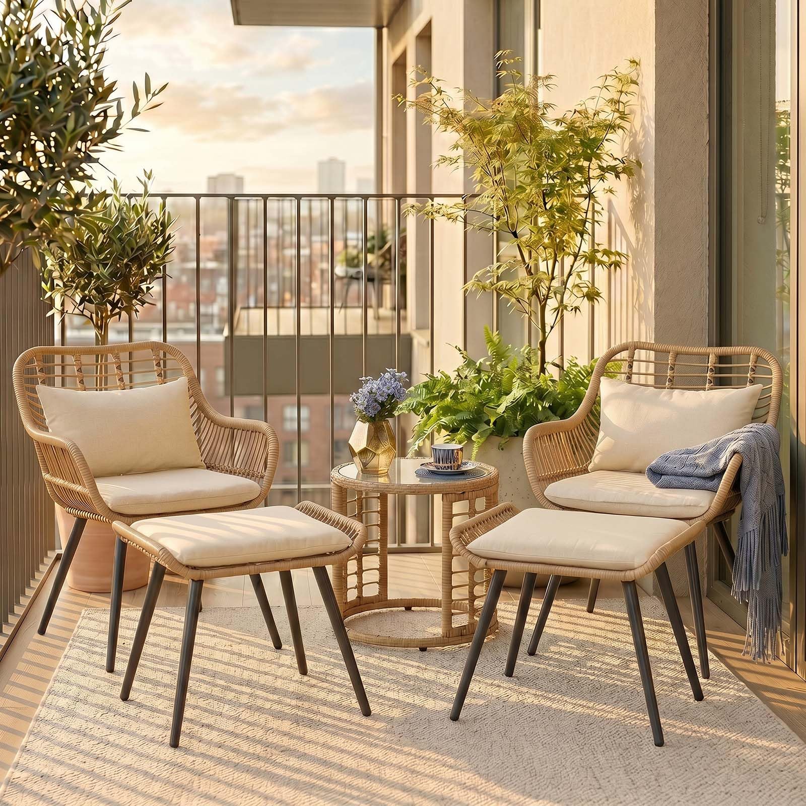 JOIVI 3 Piece Patio Bistro Set, Wicker Outdoor Patio Set with Enhanced Comfort Seating, Round Glass Top Coffee Side Table, Patio Rattan Conversation Set for Balcony, Lawn, Garden, Backyard, Black