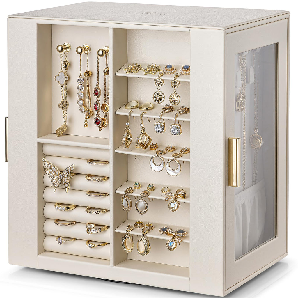 VLANDO 360ｰ Rotating Jewelry Box with 5 Drawers, Large Jewelry Storage with 2 Glass Window, PU Leather Jewelry Organizer for Bracelets, Necklaces, Earrings, Rings - Cloud White