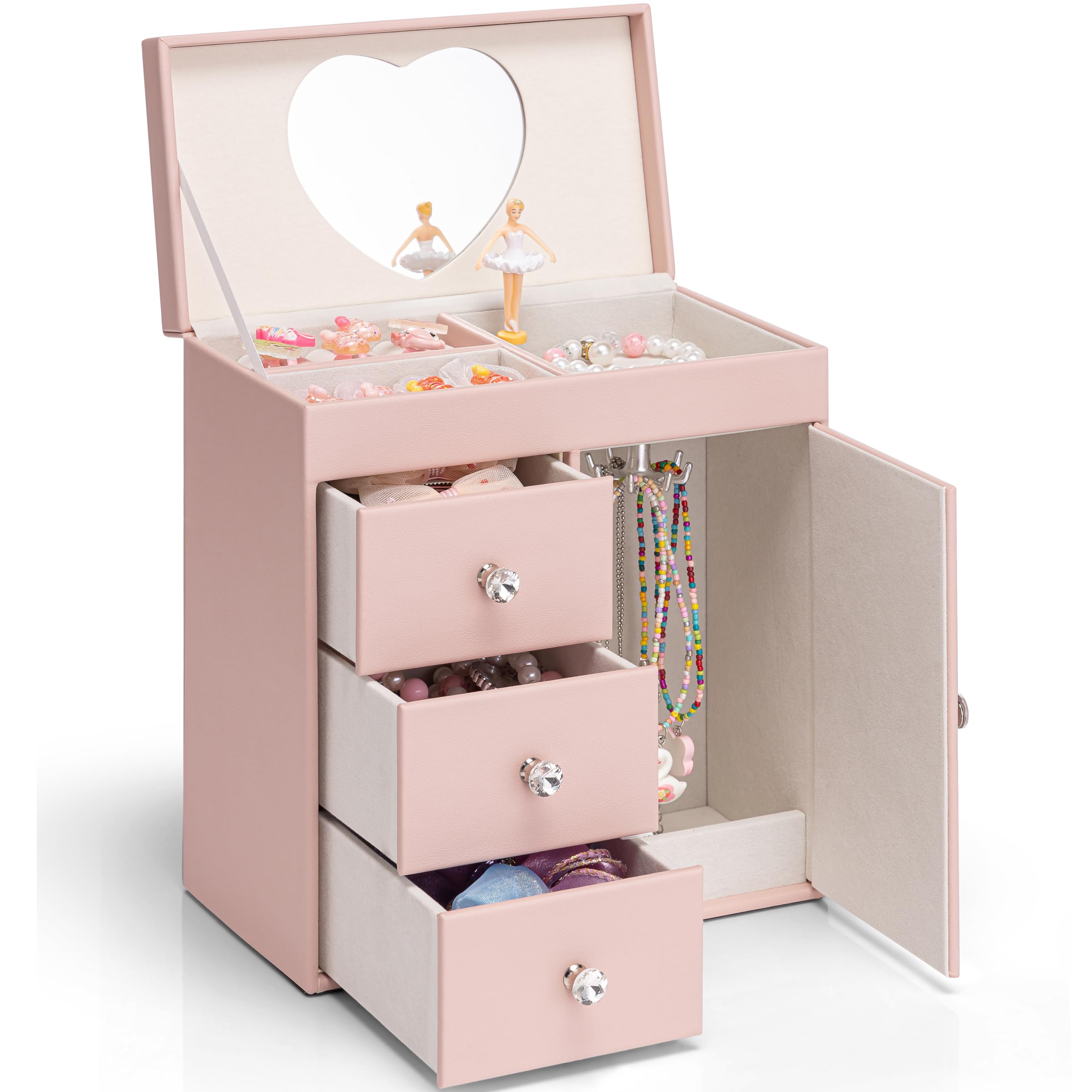 Vlando Musical Jewelry Box for Girls - Valentines Day Gift for Kid - Large Kid Music Box with Ballerina for Birthday Bedroom Decor, 4 Layer Girl Jewelry Gifts for Girls Kids - Light Pink
