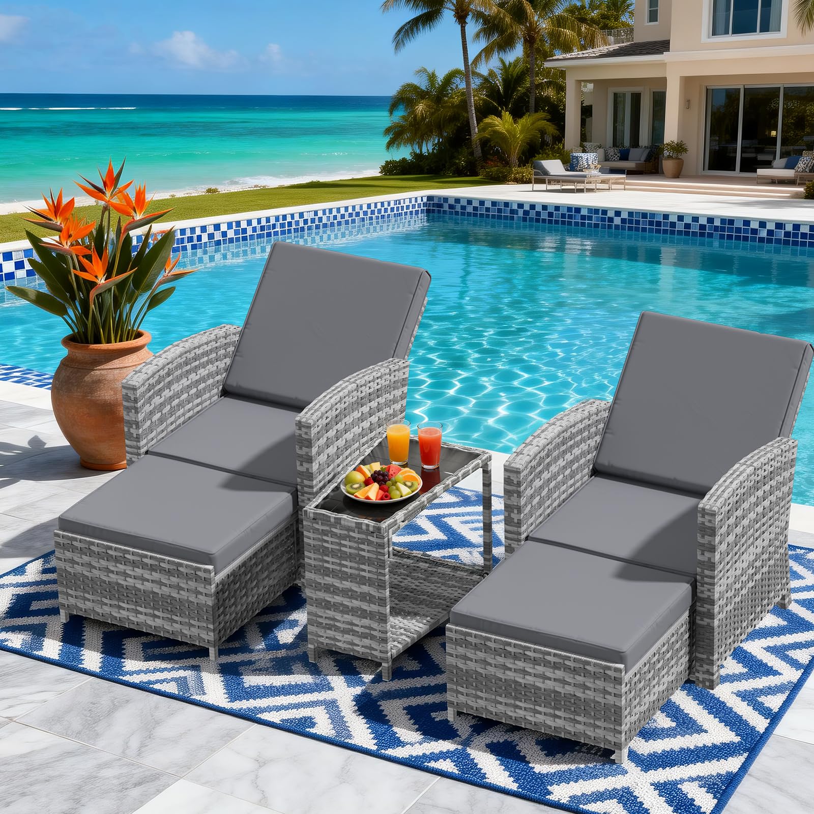 DECMICO 3-Piece Outdoor Wicker Chaise Lounge Set, Infinite Position Adjustable Backrest, Removable Cushion & Glass Side Table – Perfect for Yard, Garden, Backyard