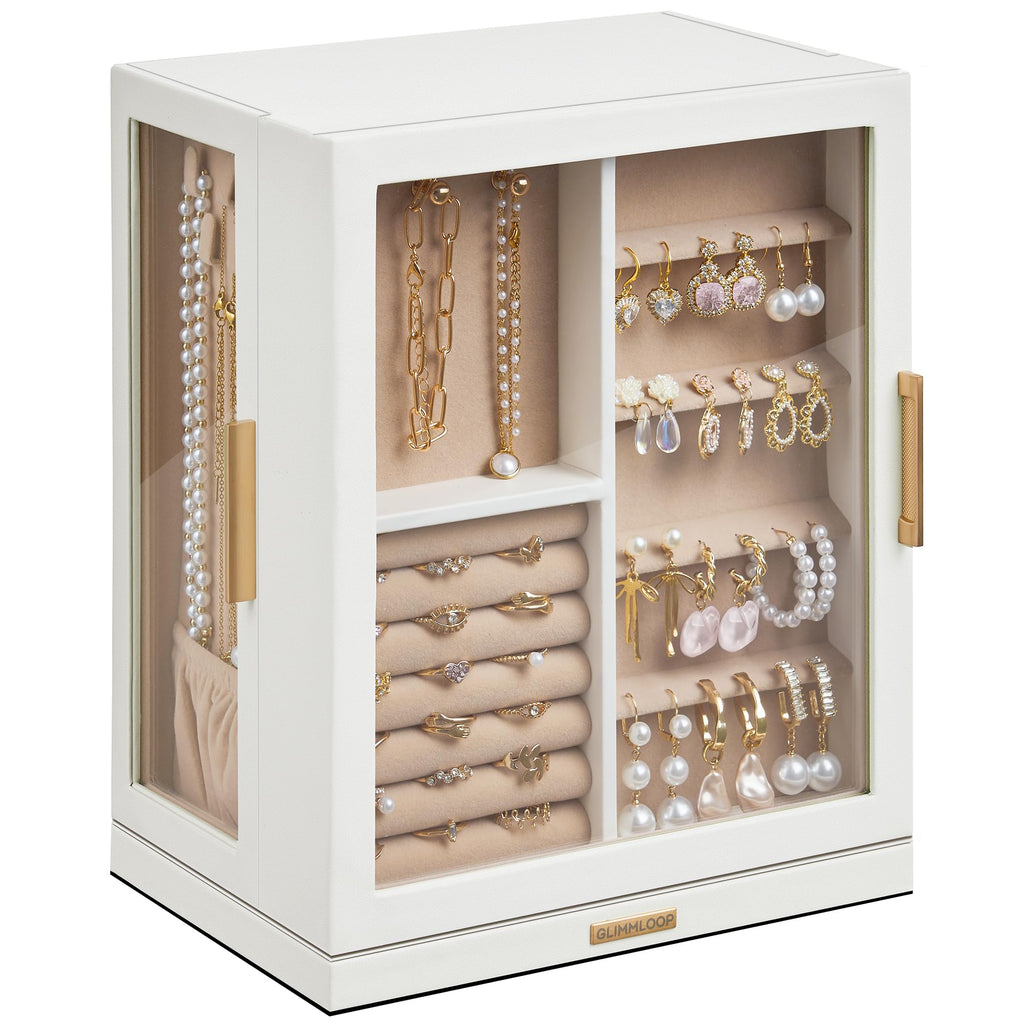 Glimmloop 360° Rotating Jewelry Box with 5 Drawers, Spacious Vertical Jewelry Organizer with Glass Window, Jewelry Storage Case, Dustproof & Moisture-resistant Design, White