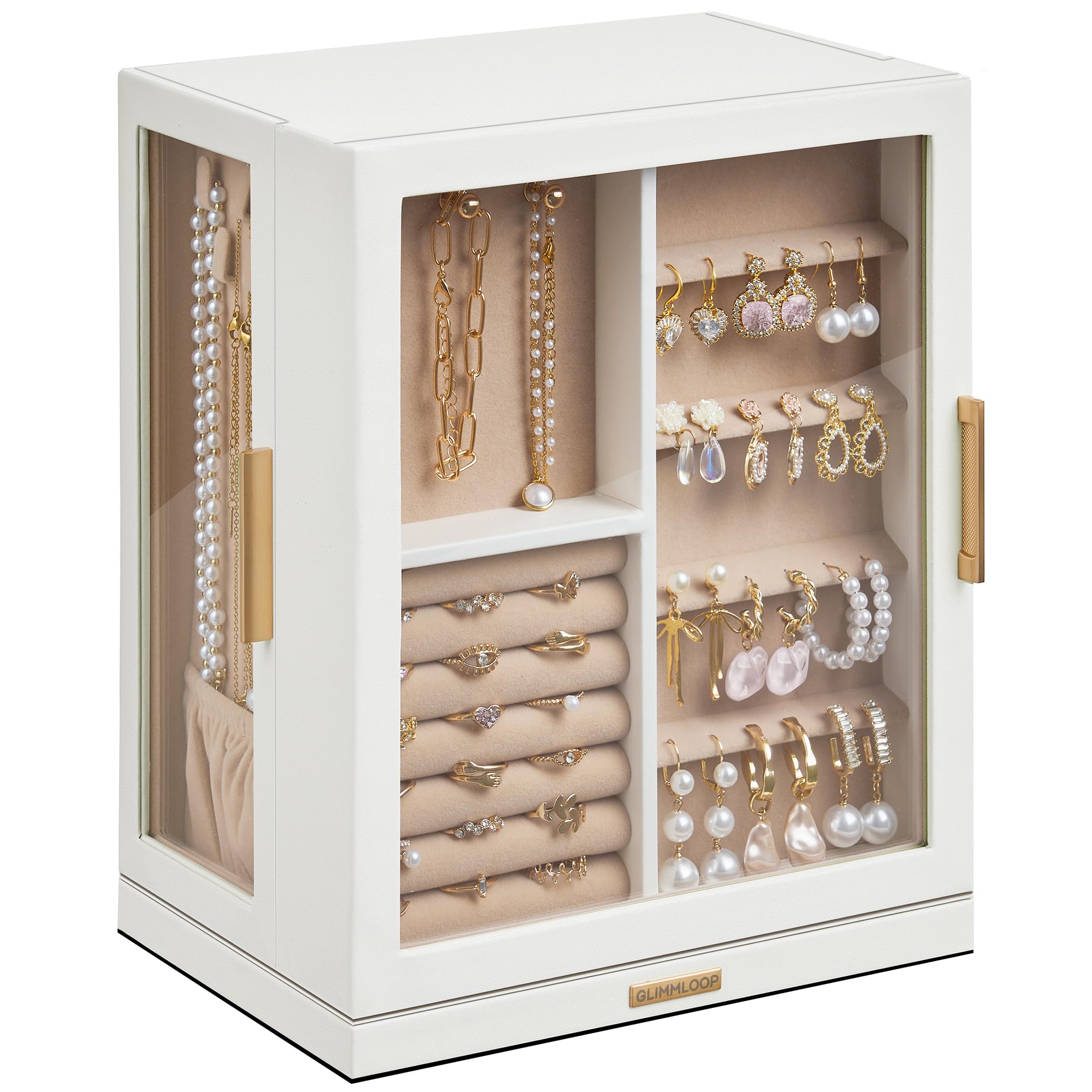 Glimmloop 360° Rotating Jewelry Box with 5 Drawers, Spacious Vertical Jewelry Organizer with Glass Window, Jewelry Storage Case, Dustproof & Moisture-resistant Design, White