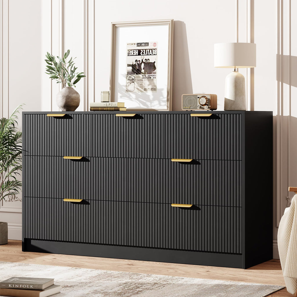 Garvee 6 Drawers Dresser for Bedroom - 54" Wide Modern Fluted Double Chest of Drawers with Golden Metal Handles, Large TV Stand Multi-Function Home Organizer for Living Room, Entryway, Hallway, Black