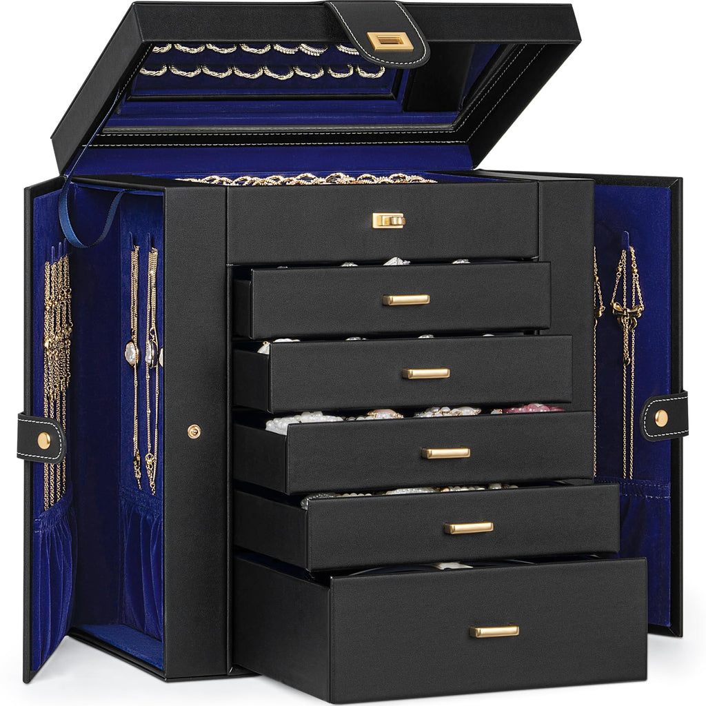 AKOZLIN Jewelry Box Organizer Functional Leather Jewelry Storage Case for Women Girls Ring Necklace Earring Bracelet Holder Organizer with Mirror Black