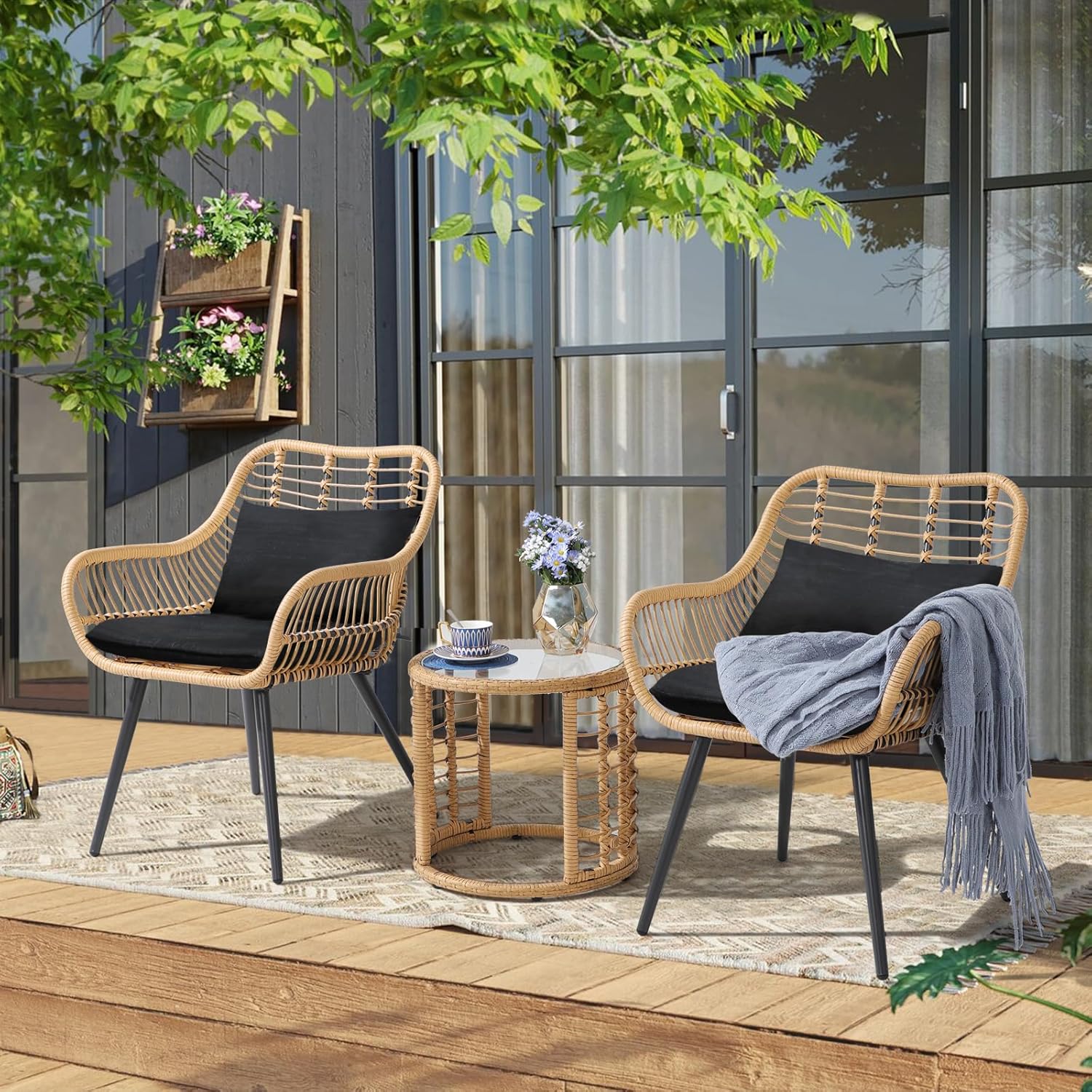 JOIVI 3 Piece Patio Bistro Set, Wicker Outdoor Patio Set with Enhanced Comfort Seating, Round Glass Top Coffee Side Table, Patio Rattan Conversation Set for Balcony, Lawn, Garden, Backyard, Black