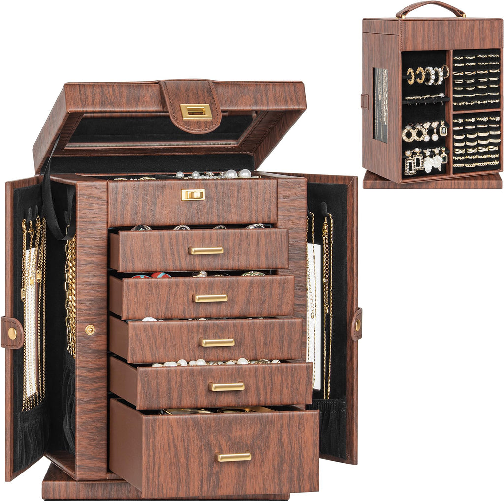 AKOZLIN Jewelry Box 6-Tier Organizer Functional 360° Rotating Jewelry Storage Case for Women Girls Ring Necklace Earring Bracelet Holder with Mirror