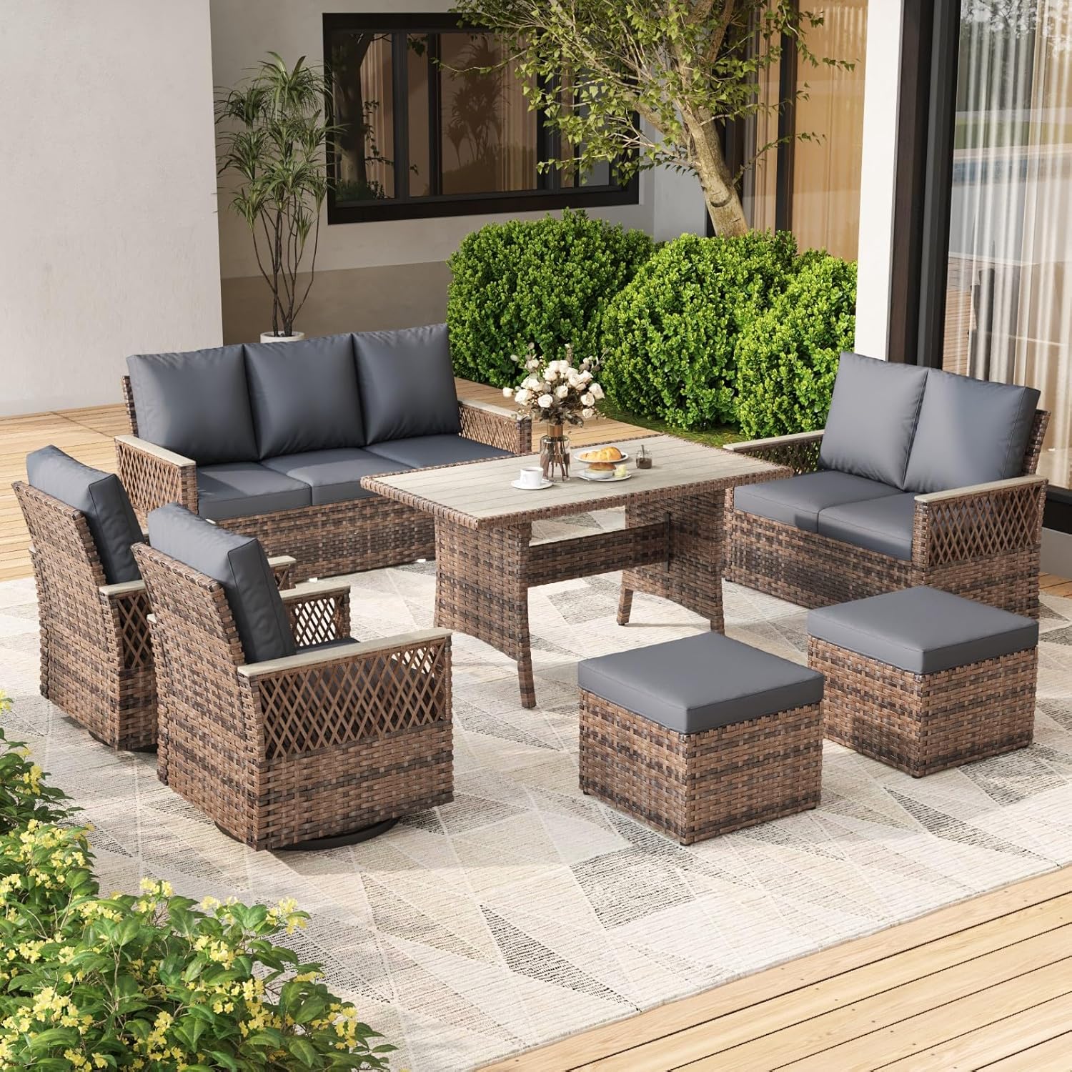 MELLCOM 3 Pieces Patio Bistro Set, Outdoor Wicker Chairs with Side Table, All-Weather Patio Furniture Set with Water-Resistant Cushions and High Back for Garden, Backyard