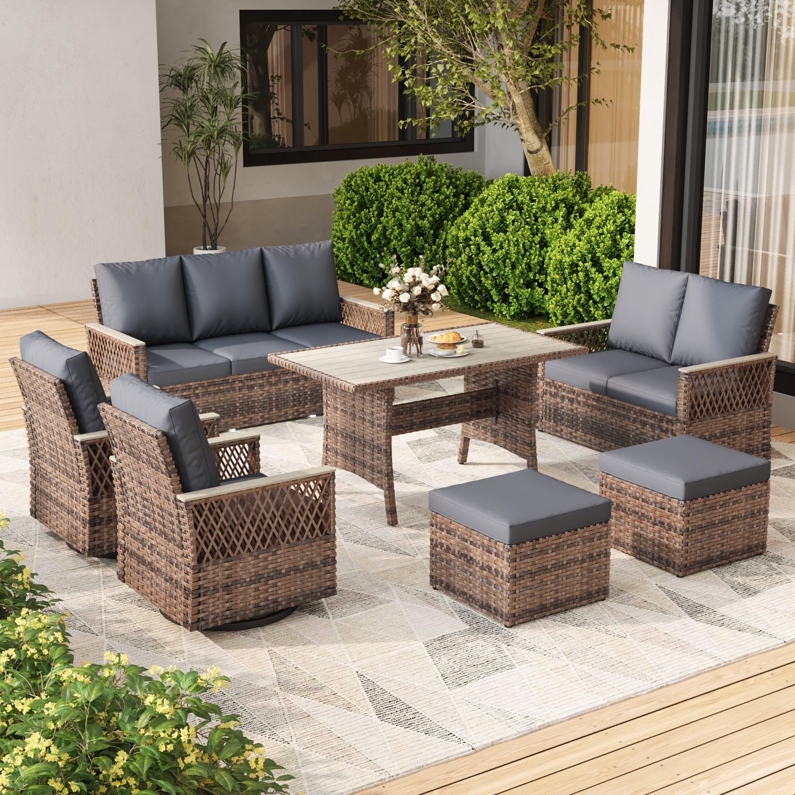 MELLCOM 3 Pieces Patio Bistro Set, Outdoor Wicker Chairs with Side Table, All-Weather Patio Furniture Set with Water-Resistant Cushions and High Back for Garden, Backyard