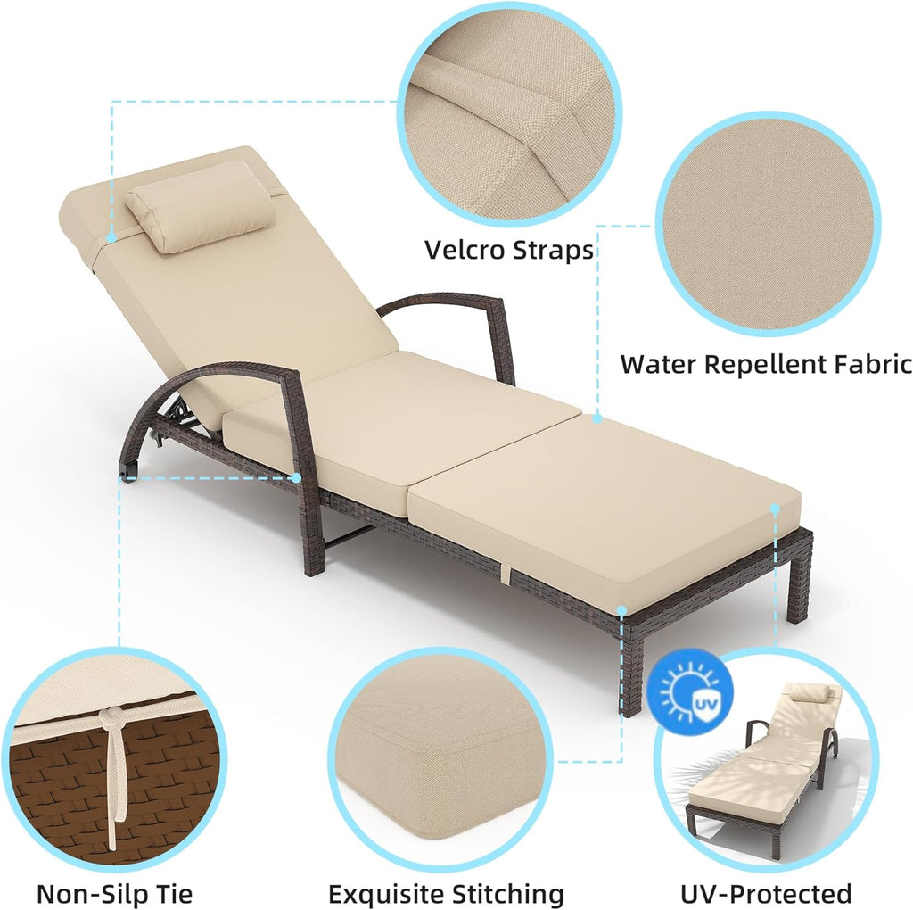 coucheta Outdoor Chaise Lounge Set of 2 Rattan Patio Folding Chaise Lounge Adjustable 5 Position Back Patio Pool Lounge Chair with Cushion Pillow for Poolside Backyard Deck Porch Khaki
