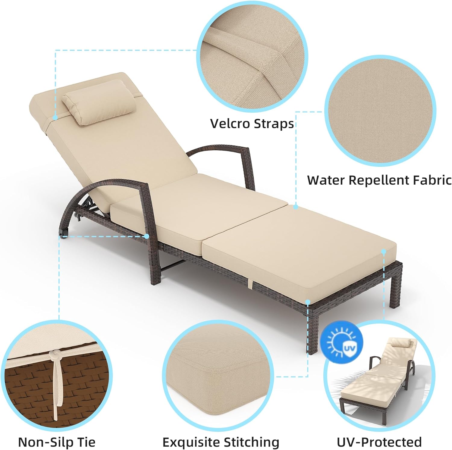 2Pcs Beige Rattan Folding Chaise Lounge,5-Position Adjustable Outdoor Lounge Chair with Cushion & Pillow