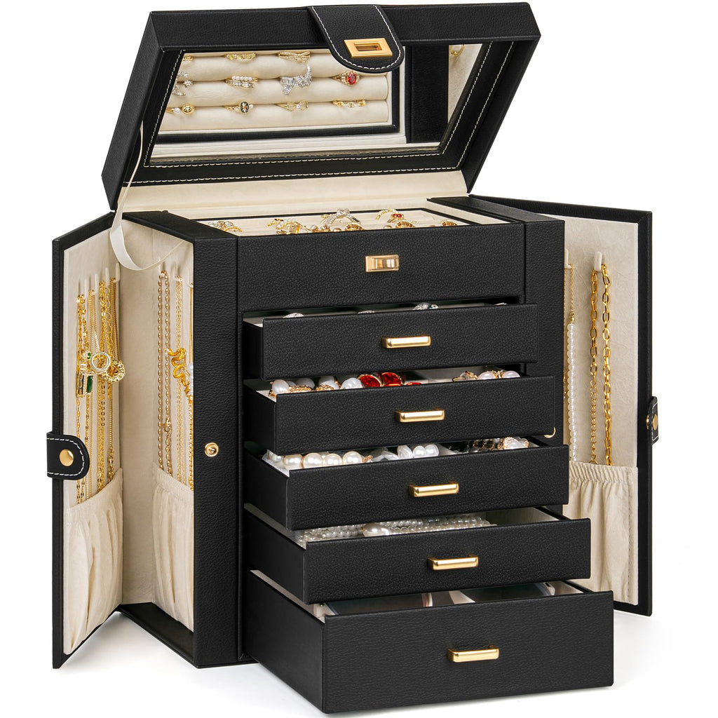 AKOZLIN Jewelry Box Organizer Functional Leather Jewelry Storage Case for Women Girls Ring Necklace Earring Bracelet Holder Organizer with Mirror Black