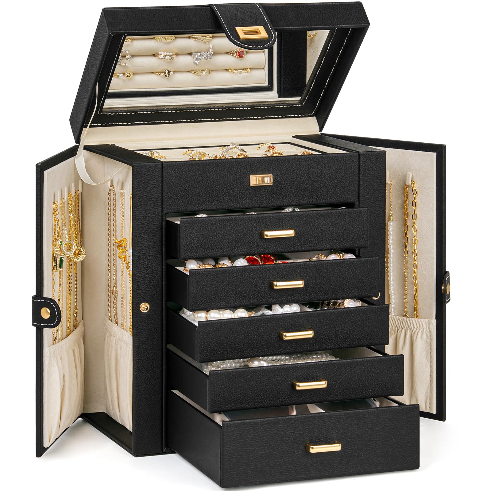 AKOZLIN Jewelry Box Organizer Functional Leather Jewelry Storage Case for Women Girls Ring Necklace Earring Bracelet Holder Organizer with Mirror Black