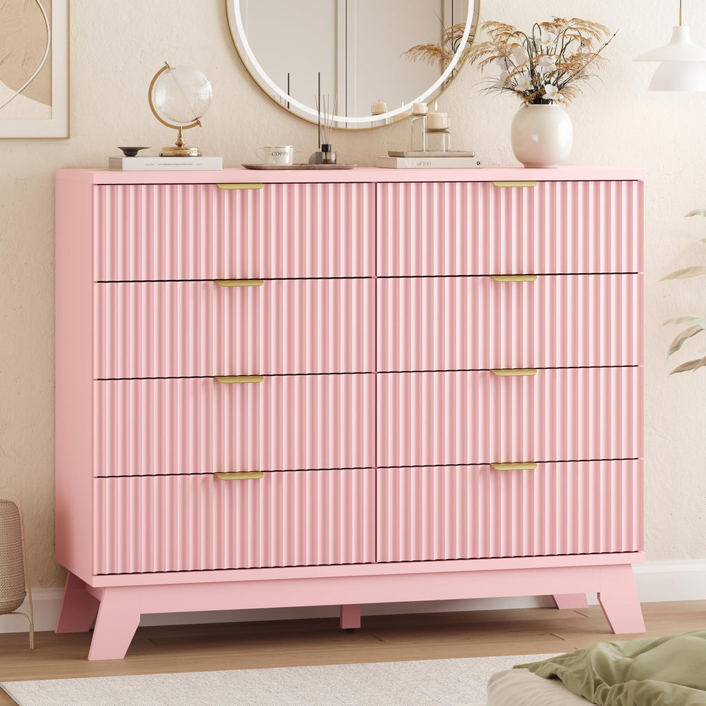 Fluted Dresser for Bedroom with 9 Drawers, 57" Wide Modern Chest of Drawers with Metal Handle, Wooden Dresser TV Stand, Wood Closet Clothes Storage Organizer for Living Room, Hallway, Natural Oak