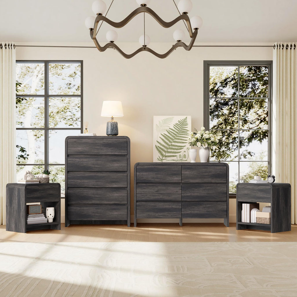 Modern 4-Piece Bedroom Furniture Set with 5-Drawer Dresser, 6-Drawer Dresser and 2 Nightstands, Large Storage Capacity, Rounded Corners, Flexible Combination Design, Anti-Tip Kit Included, Black