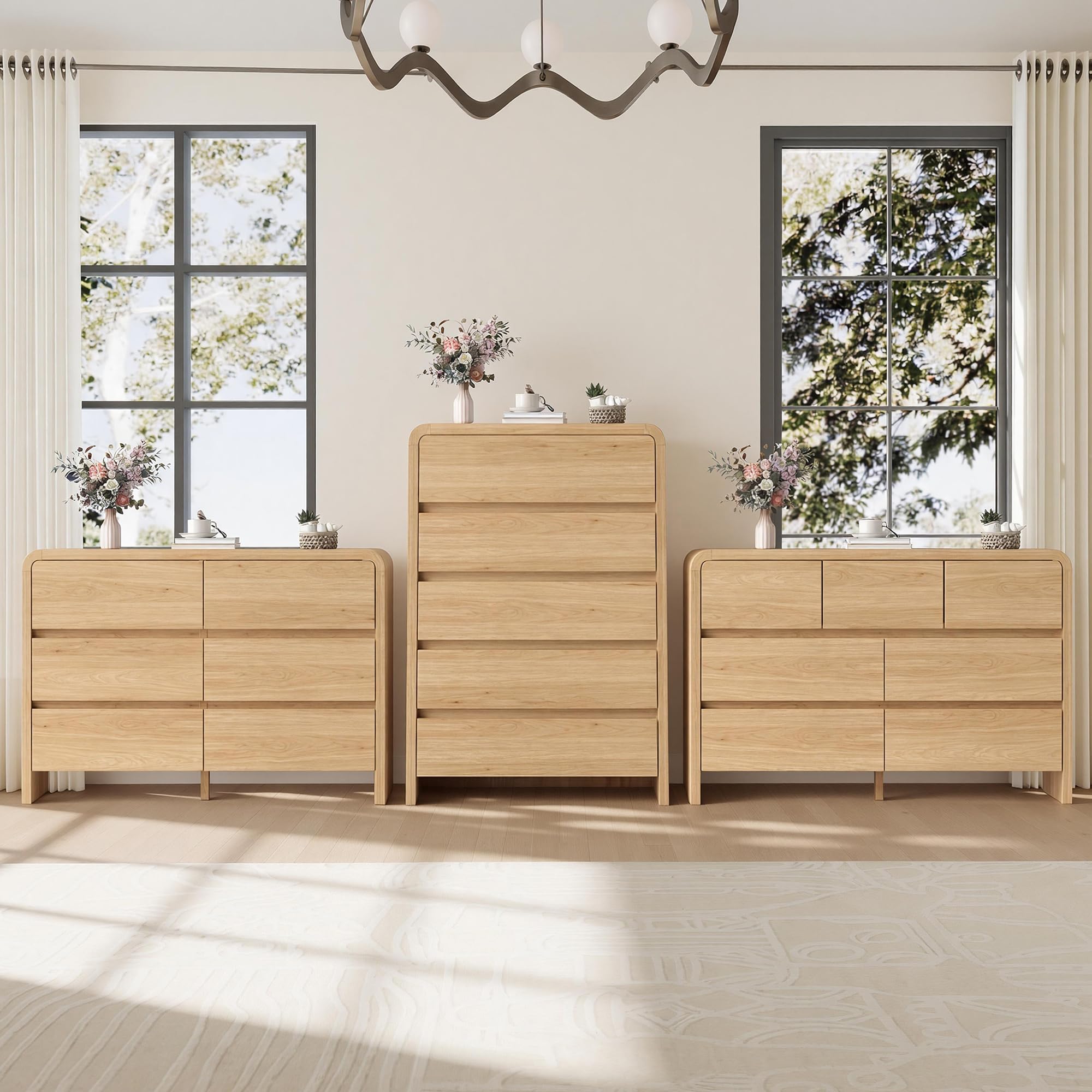 Modern 4-Piece Bedroom Furniture Set with 5-Drawer Dresser, 6-Drawer Dresser and 2 Nightstands, Large Storage Capacity, Rounded Corners, Flexible Combination Design, Anti-Tip Kit Included, Black