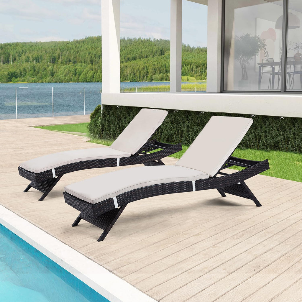 79'' Long Reclining Chaise Lounge Set (Set of 2), Outdoor Wicker Reclining Lounge Chair Patio Rattan Double Chaise Lounge Lawn Sunbathing Chairs Beach Pool Backrest Recliners (Set of 2)