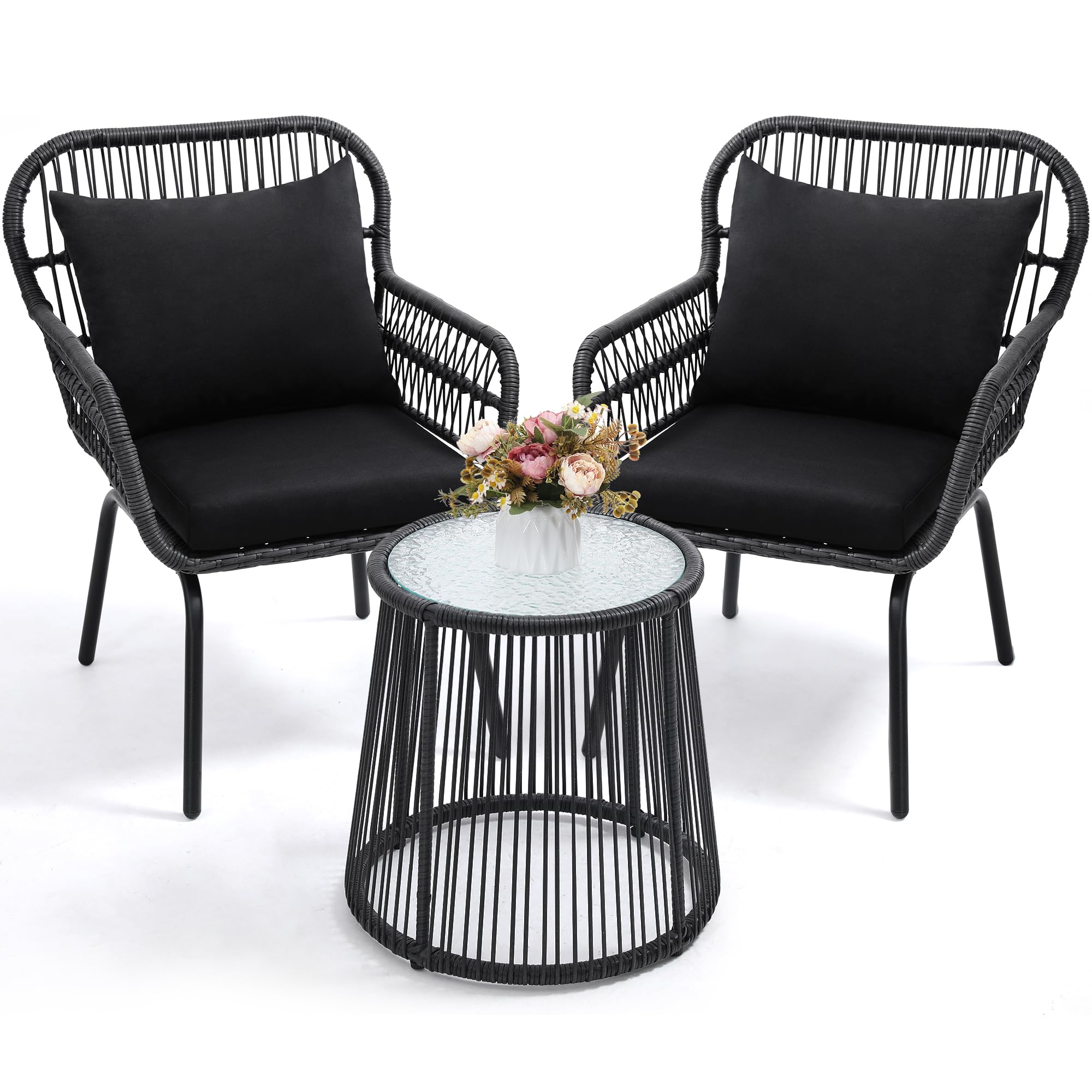 wildformers 3 Pieces Bistro Set, Woven Rope Chair with Cushions, All Weather Patio Conversation Set and Side Table, Ideal for Deck, Balcony, Poolside, Black