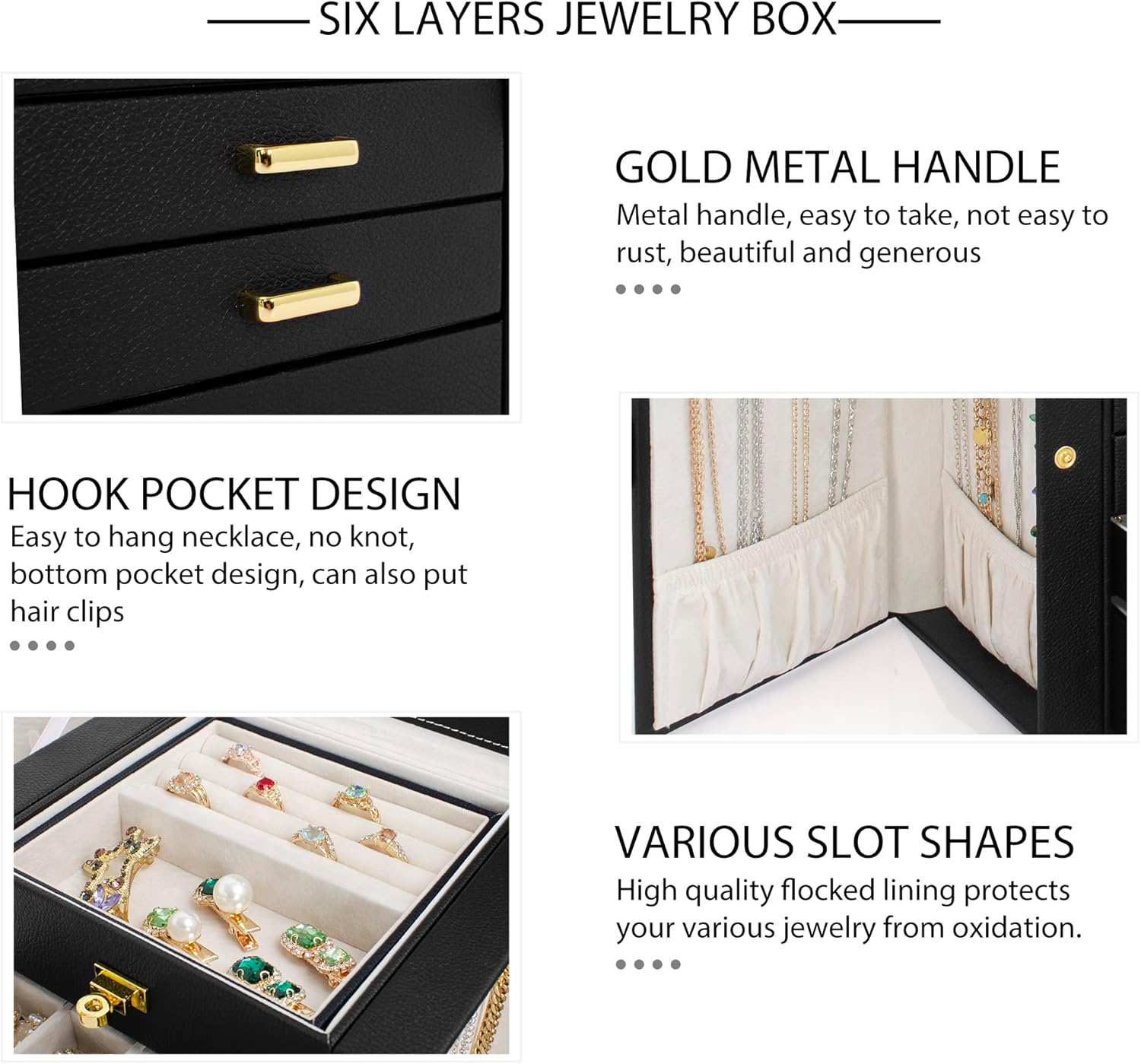 AKOZLIN Jewelry Box Organizer Functional Leather Jewelry Storage Case for Women Girls Ring Necklace Earring Bracelet Holder Organizer with Mirror Black
