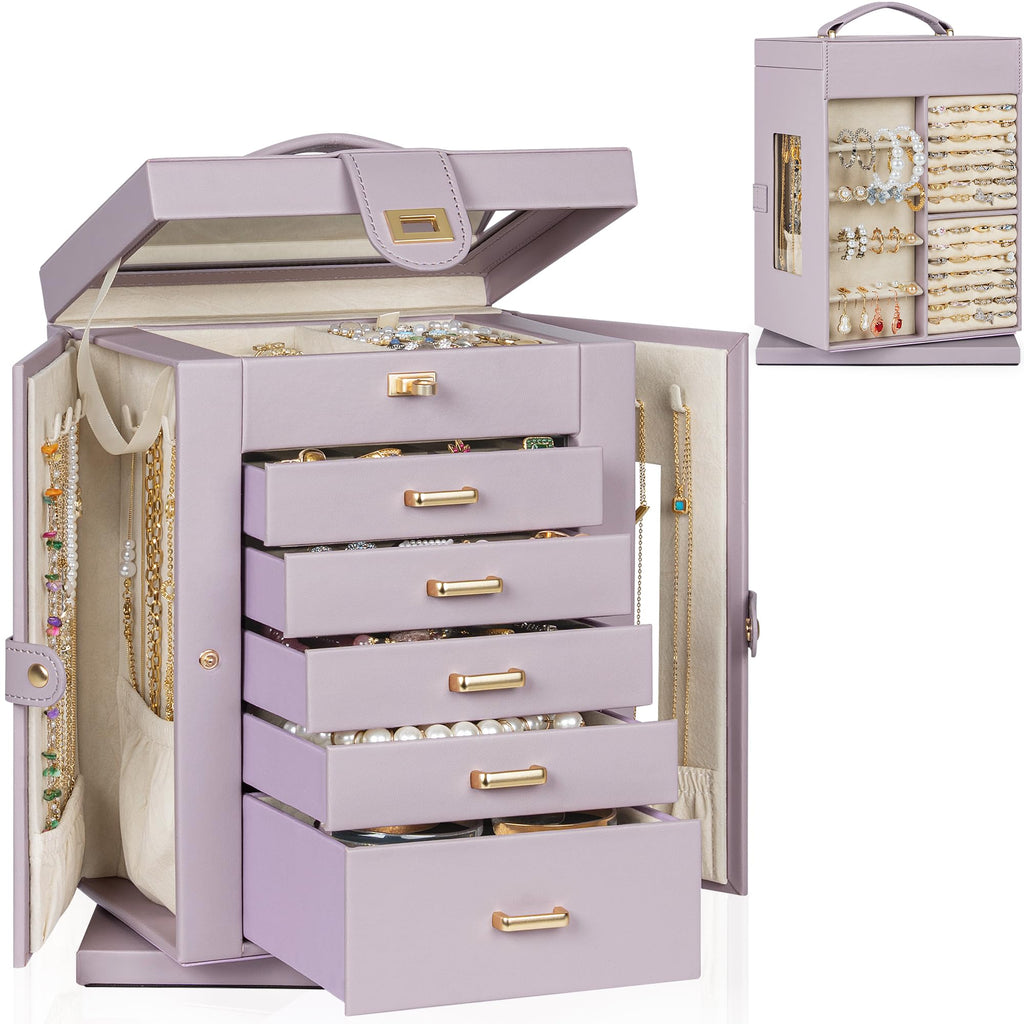 AKOZLIN Jewelry Box 6-Tier Organizer Functional 360° Rotating Jewelry Storage Case for Women Girls Ring Necklace Earring Bracelet Holder with Mirror