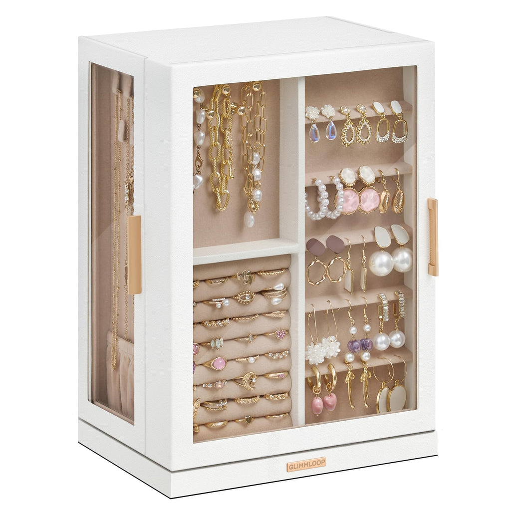 Glimmloop 360° Rotating Jewelry Box with 5 Drawers, Spacious Vertical Jewelry Organizer with Glass Window, Jewelry Storage Case, Dustproof & Moisture-resistant Design, White