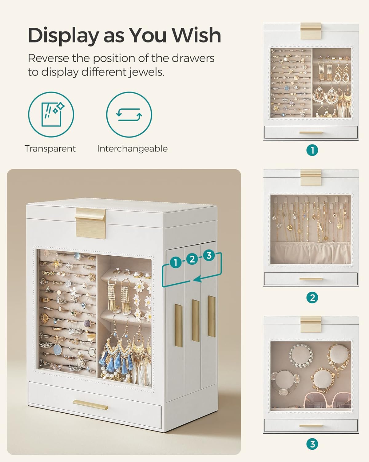 SONGMICS Jewelry Box with Glass Window, 5-Layer Jewelry Organizer with 3 Side Drawers, Jewelry Storage, with Big Mirror, Modern, 6.1 x 10.3 x 12.6 Inches, Cloud White and Metallic Gold UJBC162W01