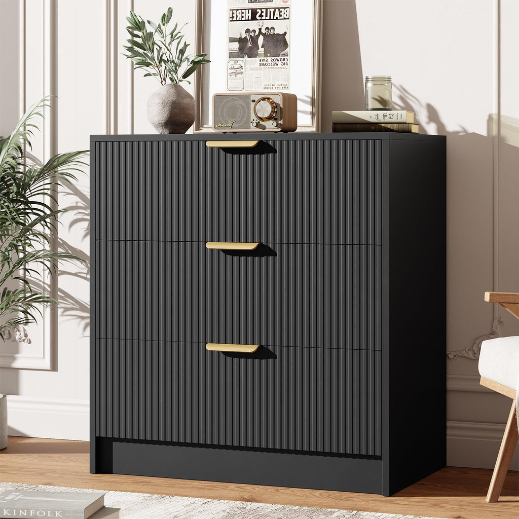 Garvee 6 Drawers Dresser for Bedroom - 54" Wide Modern Fluted Double Chest of Drawers with Golden Metal Handles, Large TV Stand Multi-Function Home Organizer for Living Room, Entryway, Hallway, Black