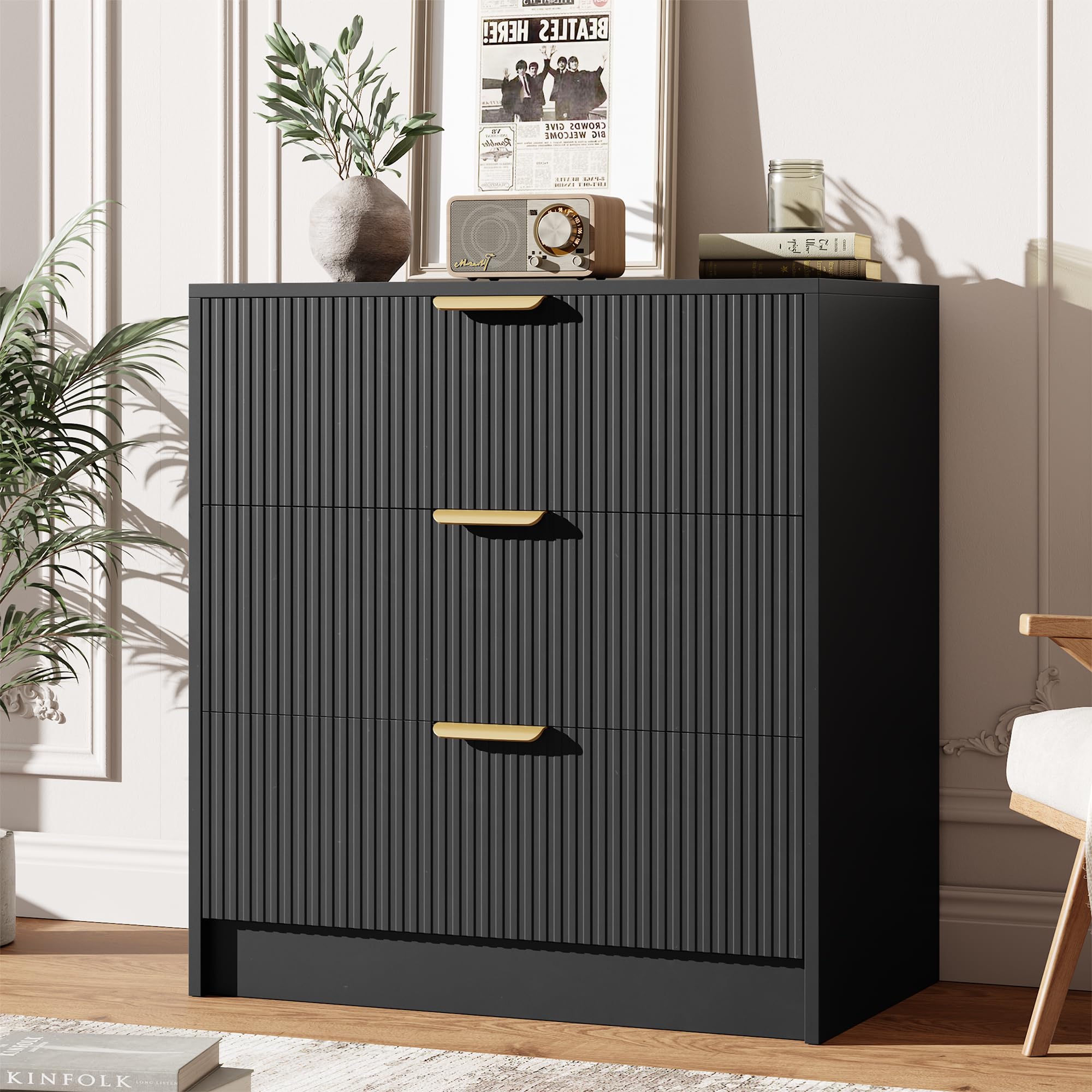 Garvee 6 Drawers Dresser for Bedroom - 54" Wide Modern Fluted Double Chest of Drawers with Golden Metal Handles, Large TV Stand Multi-Function Home Organizer for Living Room, Entryway, Hallway, Black