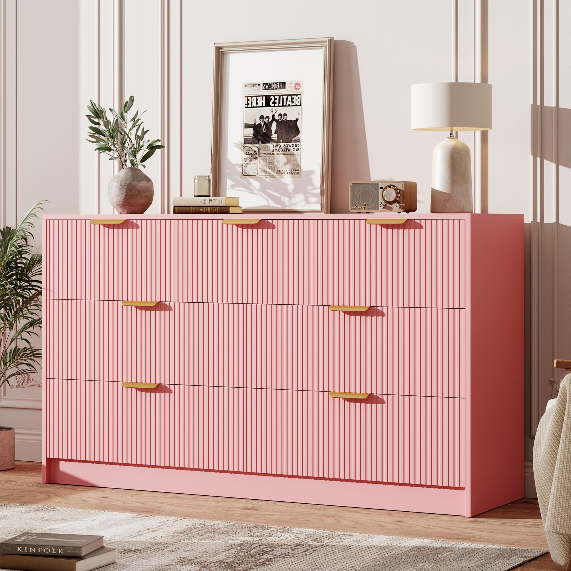 Garvee 6 Drawers Dresser for Bedroom - 54" Wide Modern Fluted Double Chest of Drawers with Golden Metal Handles, Large TV Stand Multi-Function Home Organizer for Living Room, Entryway, Hallway, Black