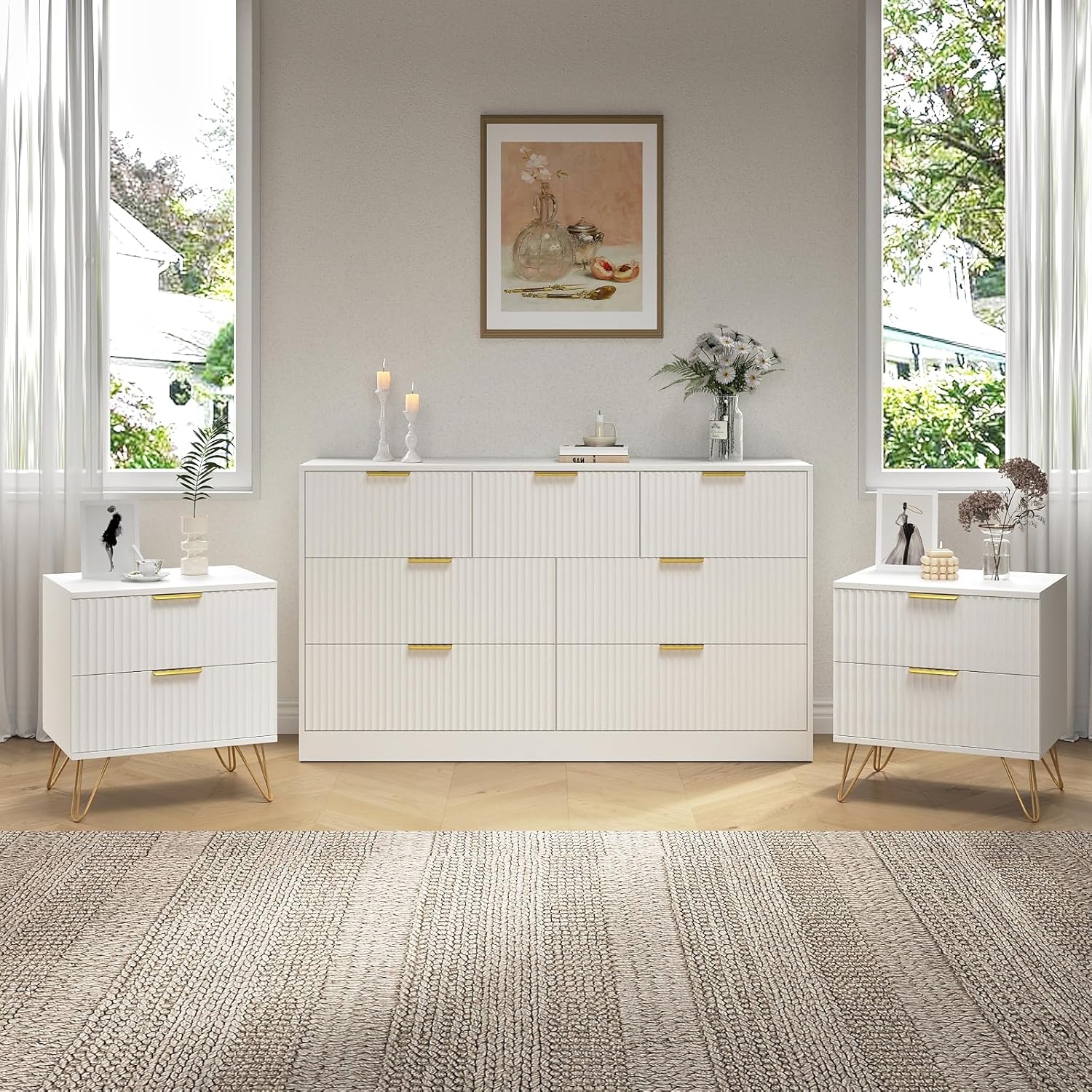 3Pcs White Modern Bedroom Furniture Set, 55" Wide Fluted Dresser + 2 Gold Handle Nightstands