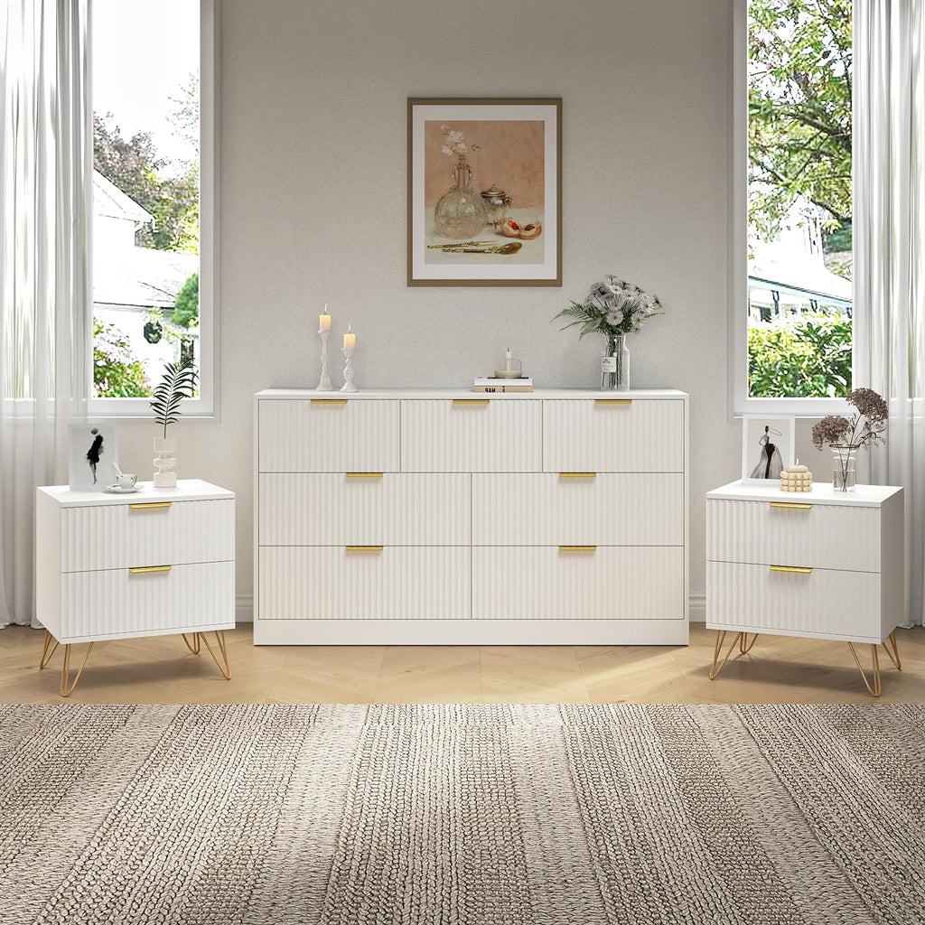 3Pcs White Modern Bedroom Furniture Set, 55" Wide Fluted Dresser + 2 Gold Handle Nightstands