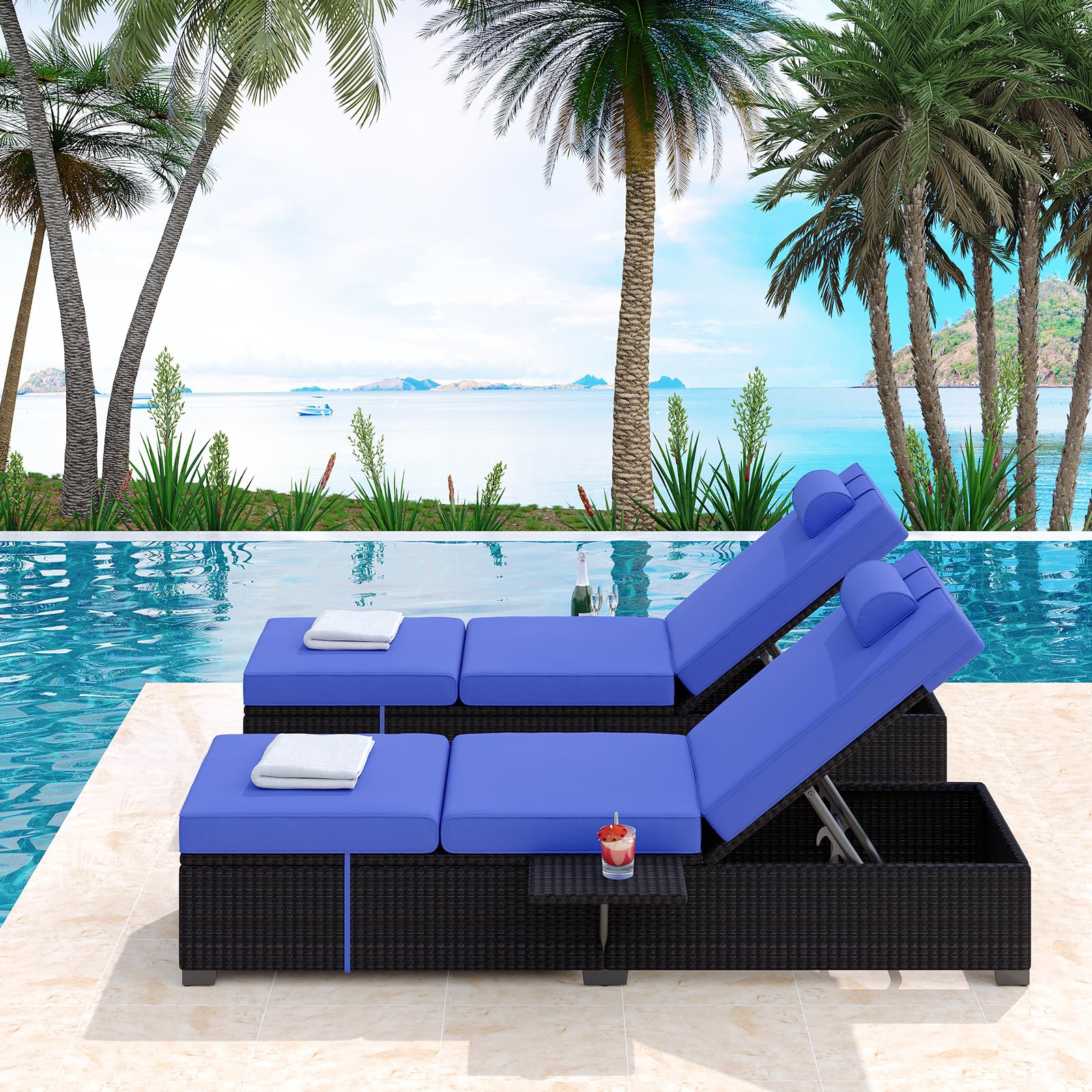 PeakPursuit Patio Lounge Chairs,Outdoor PE Wicker Chaise Lounge Set of 2,Chaise Lounge Chair Outdoor，Pool Furniture,Brown Rattan Recliners with Adjustable Backrest,Storage Table,Beige