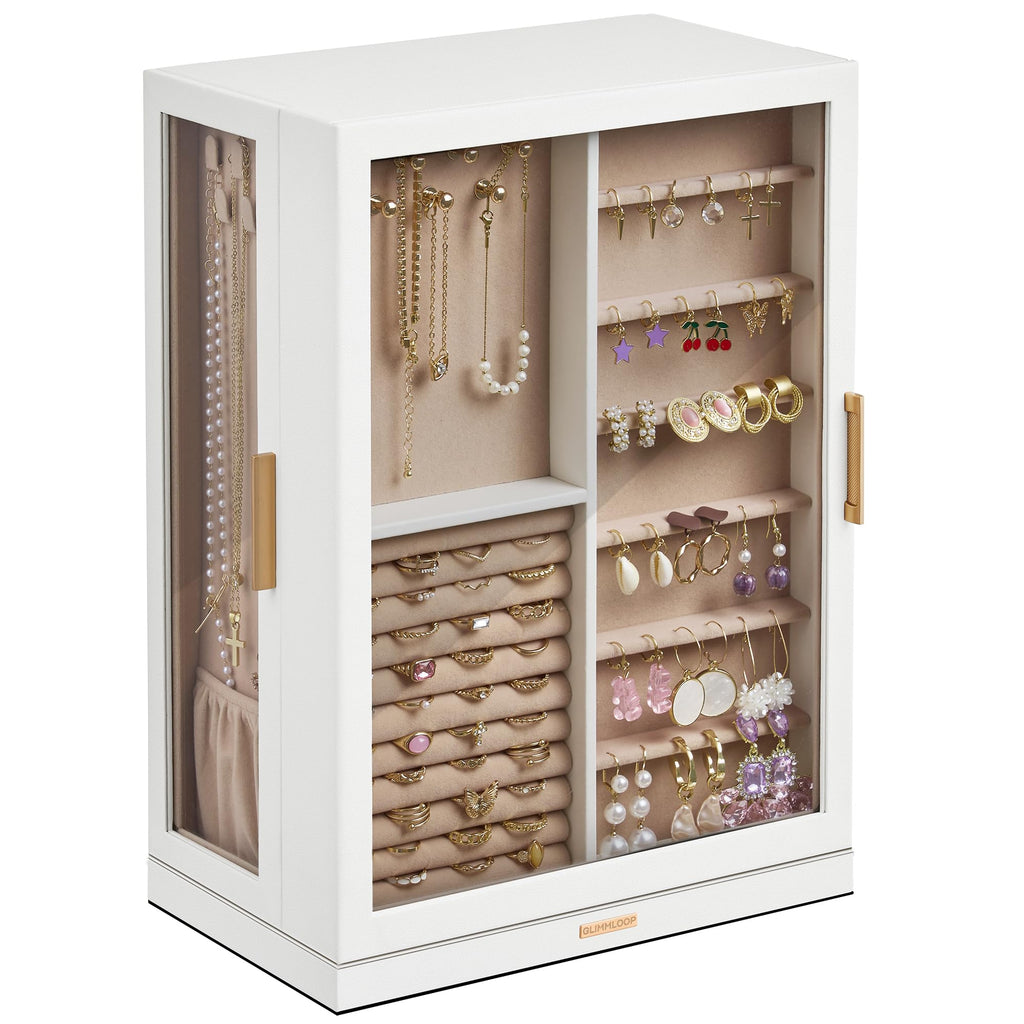 Glimmloop 360° Rotating Jewelry Box with 5 Drawers, Spacious Vertical Jewelry Organizer with Glass Window, Jewelry Storage Case, Dustproof & Moisture-resistant Design, White