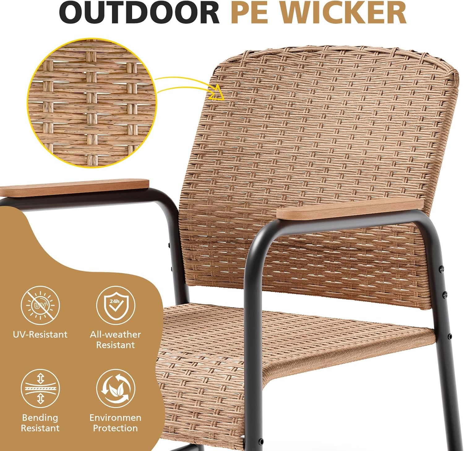 Jing's Villa 3-Piece Outdoor Bistro Set with Side Table, Ergonomic Armchairs with Lumbar Support & Breathable Mesh Seat, All-Weather Wicker Outdoor Furniture for Backyard, Porch, Balcony,Beige