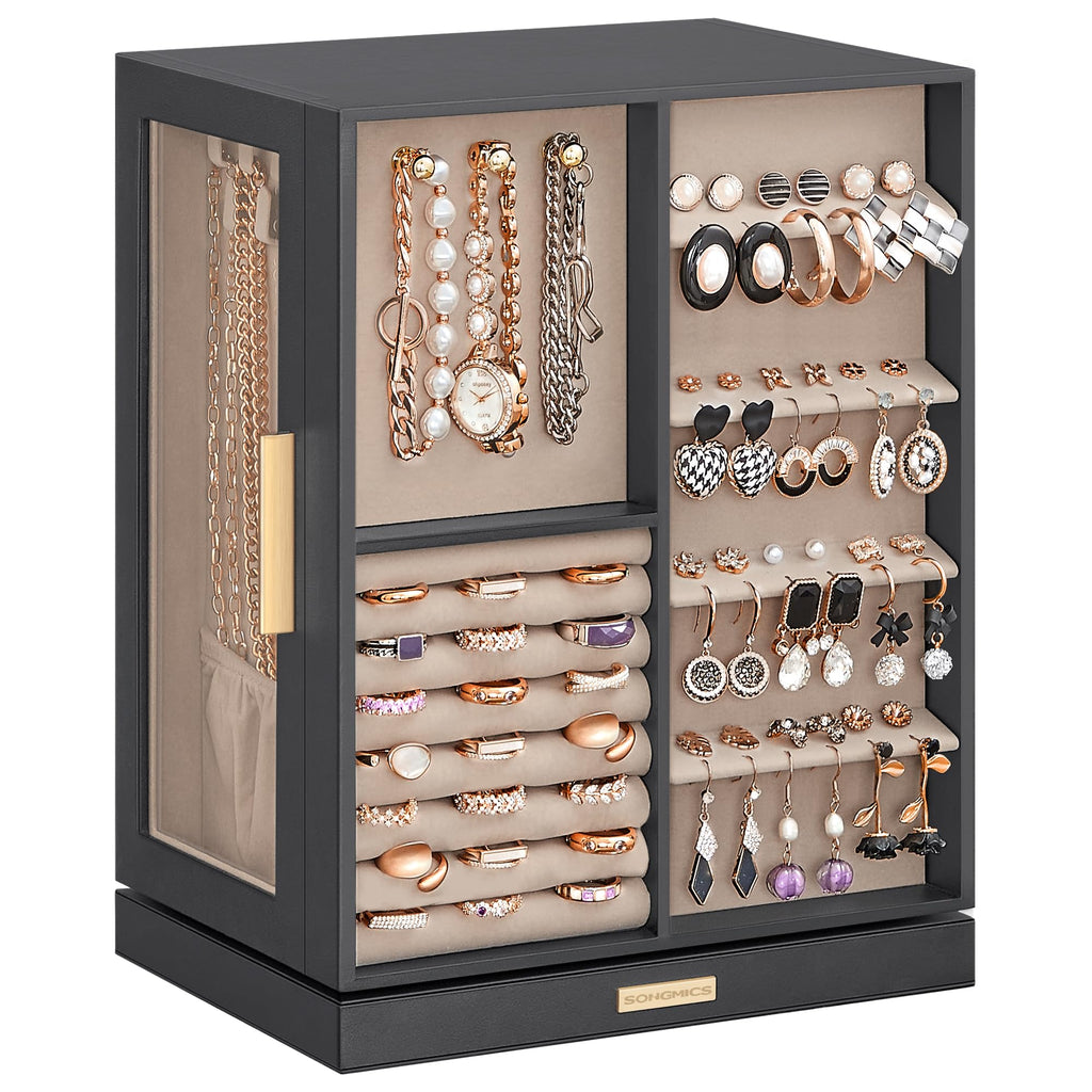 SONGMICS Jewelry Box 360° Rotating, Jewelry Storage Case with 5 Drawers, Jewelry Organizer, Glass Window, Spacious, Vertical Jewelry Storage, Open Design, Great Gift, Cloud White UJBC170W01