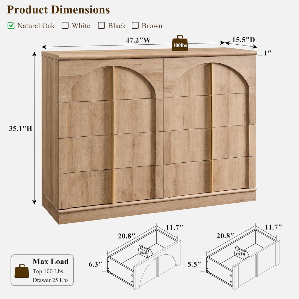 ACCOHOHO Large Dresser for Bedroom with 8 Drawers with Arched Panel,Modern Minimalist Chest of Drawers with Gold Handles,Wood Storage Closet Dressers Tv Stand for Living Room, Hallway,Natural Oak