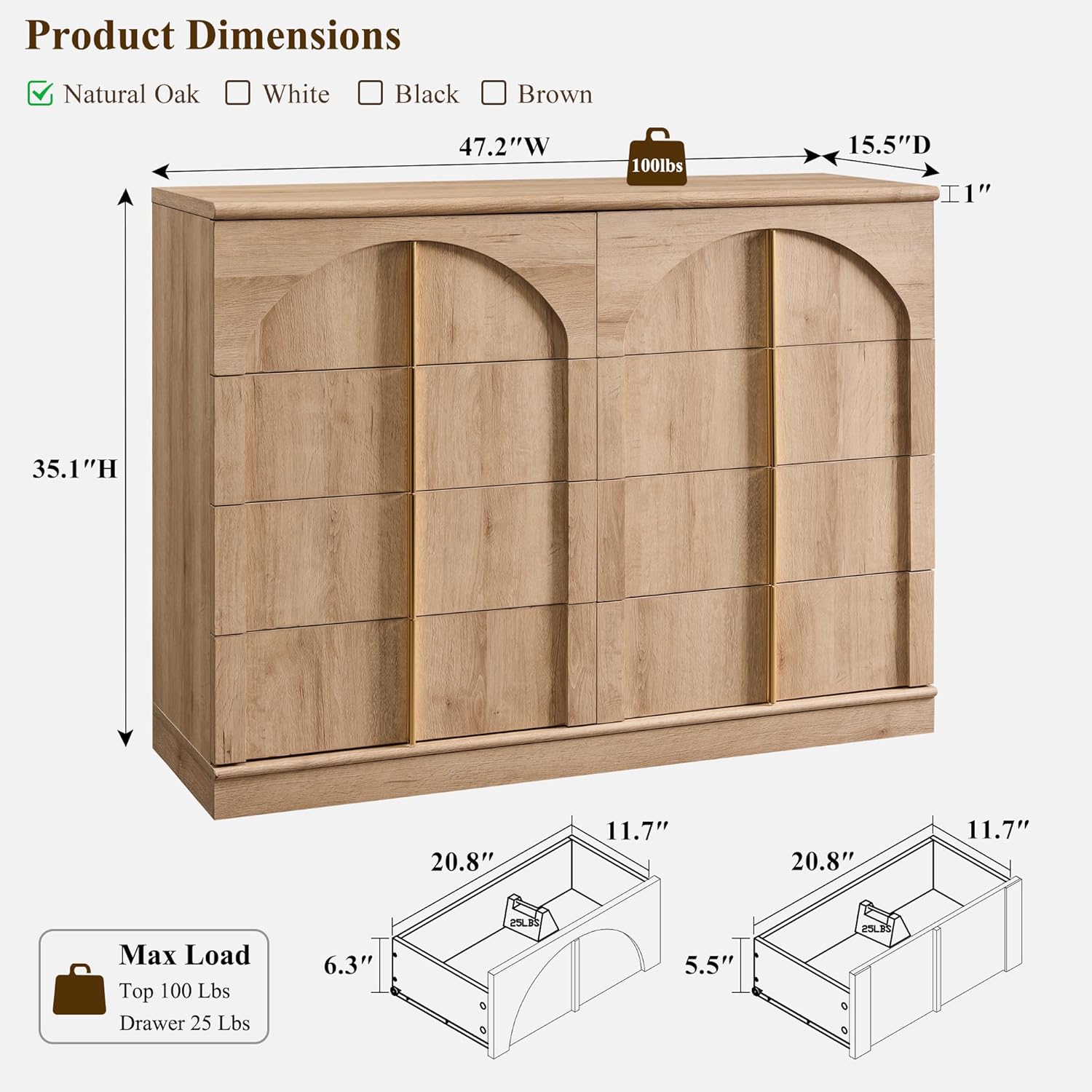 ACCOHOHO Large Dresser for Bedroom with 8 Drawers with Arched Panel,Modern Minimalist Chest of Drawers with Gold Handles,Wood Storage Closet Dressers Tv Stand for Living Room, Hallway,Natural Oak