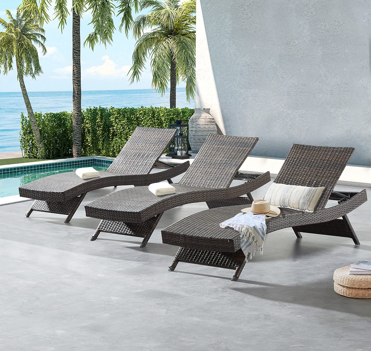 79'' Long Reclining Chaise Lounge Set (Set of 2), Outdoor Wicker Reclining Lounge Chair Patio Rattan Double Chaise Lounge Lawn Sunbathing Chairs Beach Pool Backrest Recliners (Set of 2)