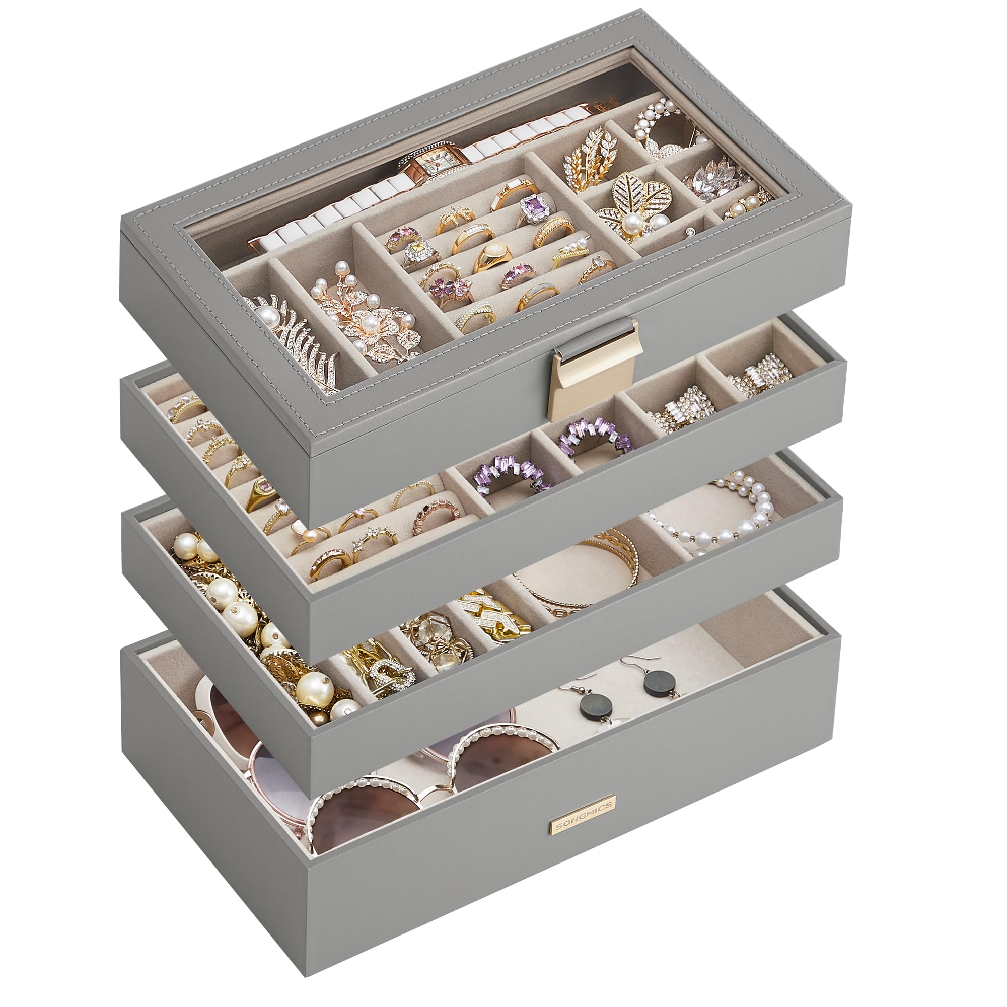 SONGMICS Stackable Jewelry Trays, 4-Tier Jewelry Box, Drawer Jewelry Organizer, with Glass Lid, Removable Dividers, for Vanity Table, 6.7 x 11 x 7.2 Inches, Gift Idea, Cloud White UJBC164W01