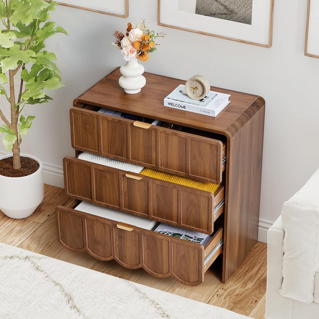 ORRD 3 Drawer Dresser for Bedroom Set of 2, Modern Closet Chest of Drawers with Wave Fluted Drawer, Wood Storage Small Dresser Organizer for Nursery Bedroom Living Room Hallway Closet (Walnut)