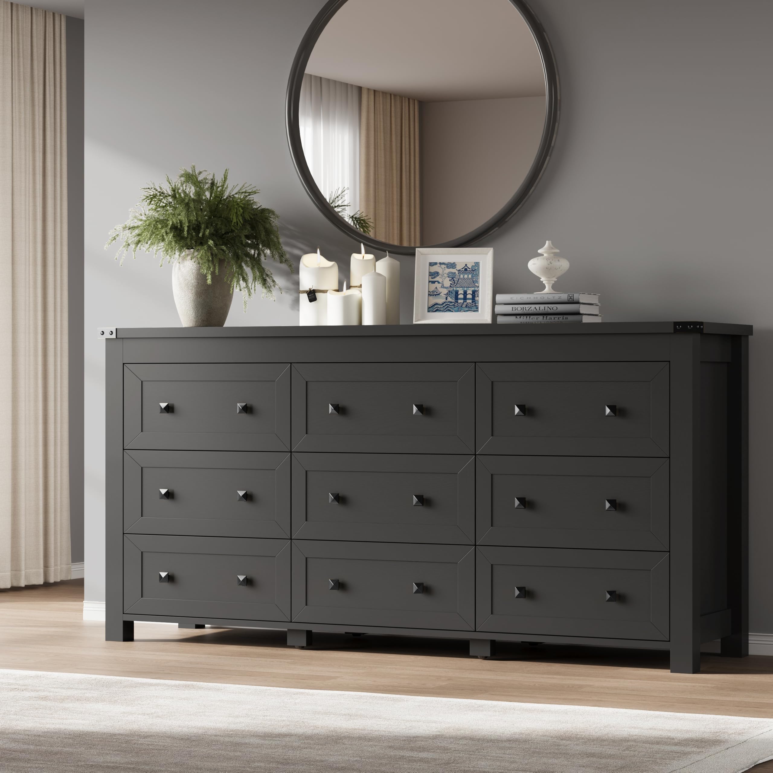 BORNOON 9-Drawer Dresser, Modern Wooden Storage Chest of Drawers, Dresser TV Stand, Wood Drawer Organizer with Metal Handles for Bedroom, Living Room, Hallway