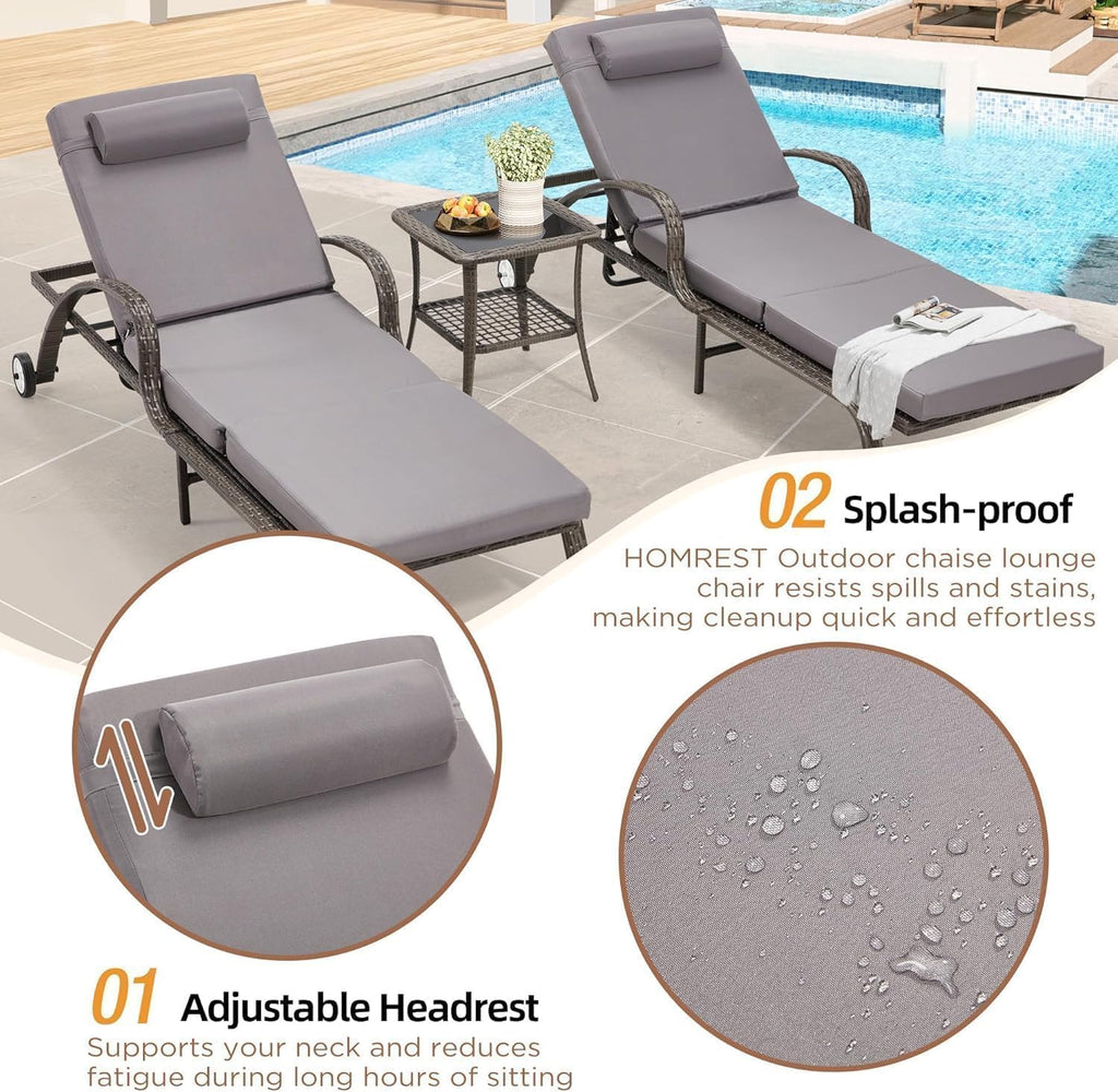 HOMREST Pool Lounge Chairs Set of 3, Outdoor Wicker Chaise with 5 Adjustable Backrest & Flexible Wheels, Patio Lounge Chair with Thicken Cushion for Garden and Poolside, Gray