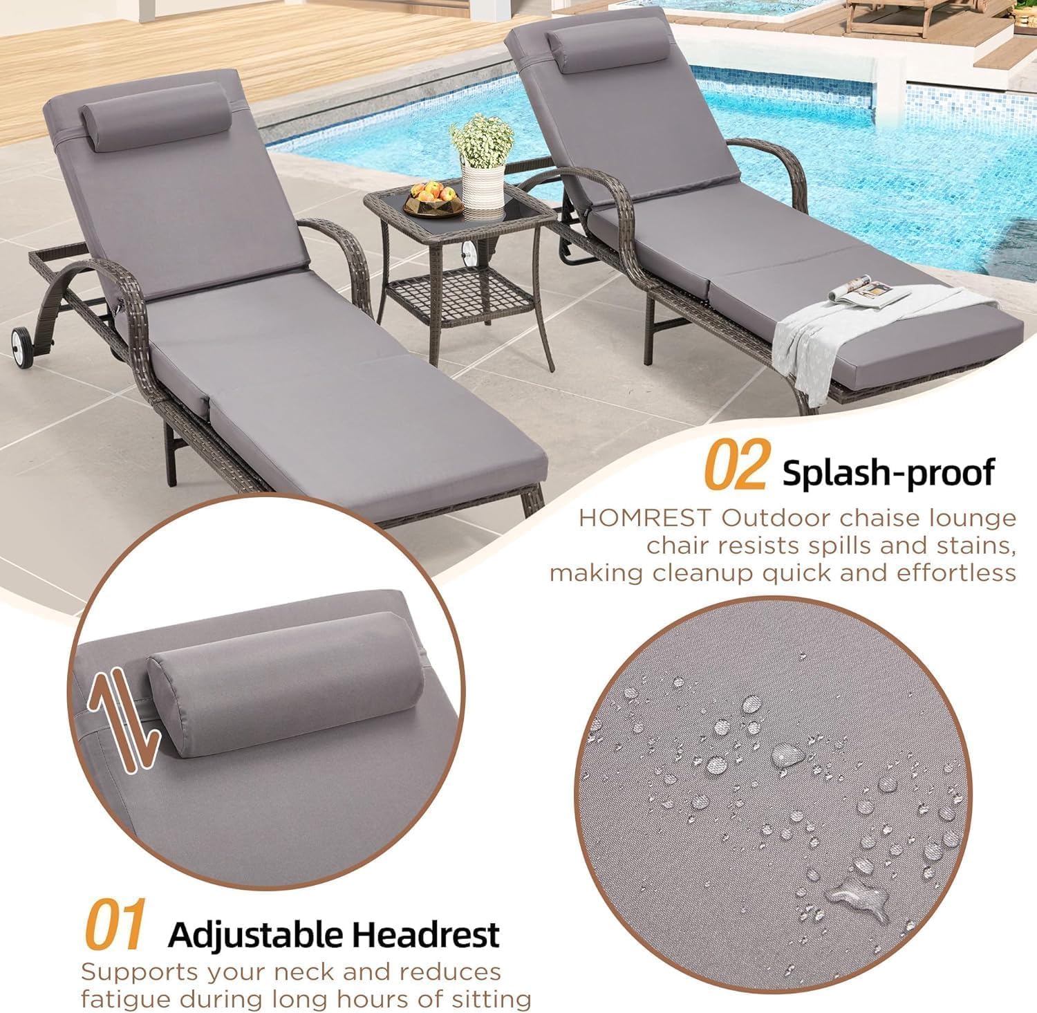 HOMREST Pool Lounge Chairs Set of 3, Outdoor Wicker Chaise with 5 Adjustable Backrest & Flexible Wheels, Patio Lounge Chair with Thicken Cushion for Garden and Poolside, Gray