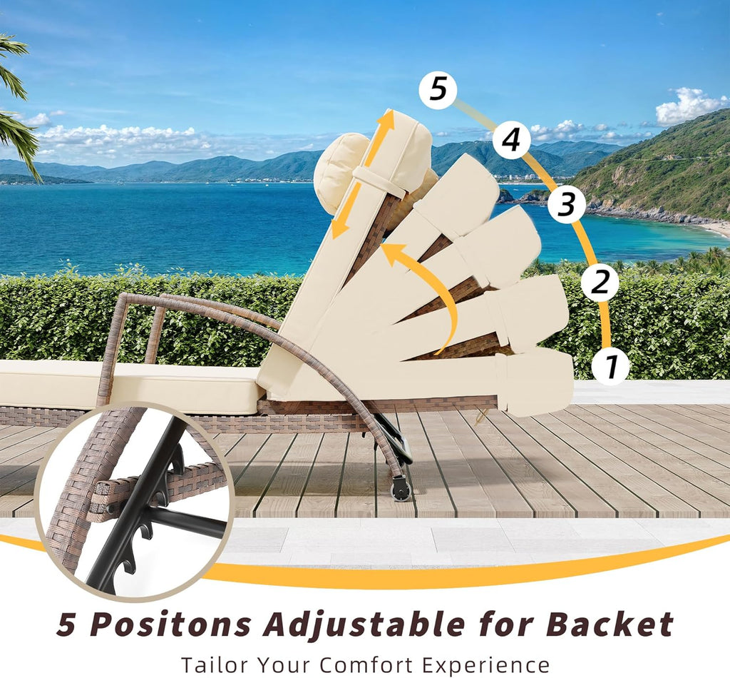 coucheta Outdoor Chaise Lounge Set of 2 Rattan Patio Folding Chaise Lounge Adjustable 5 Position Back Patio Pool Lounge Chair with Cushion Pillow for Poolside Backyard Deck Porch Khaki