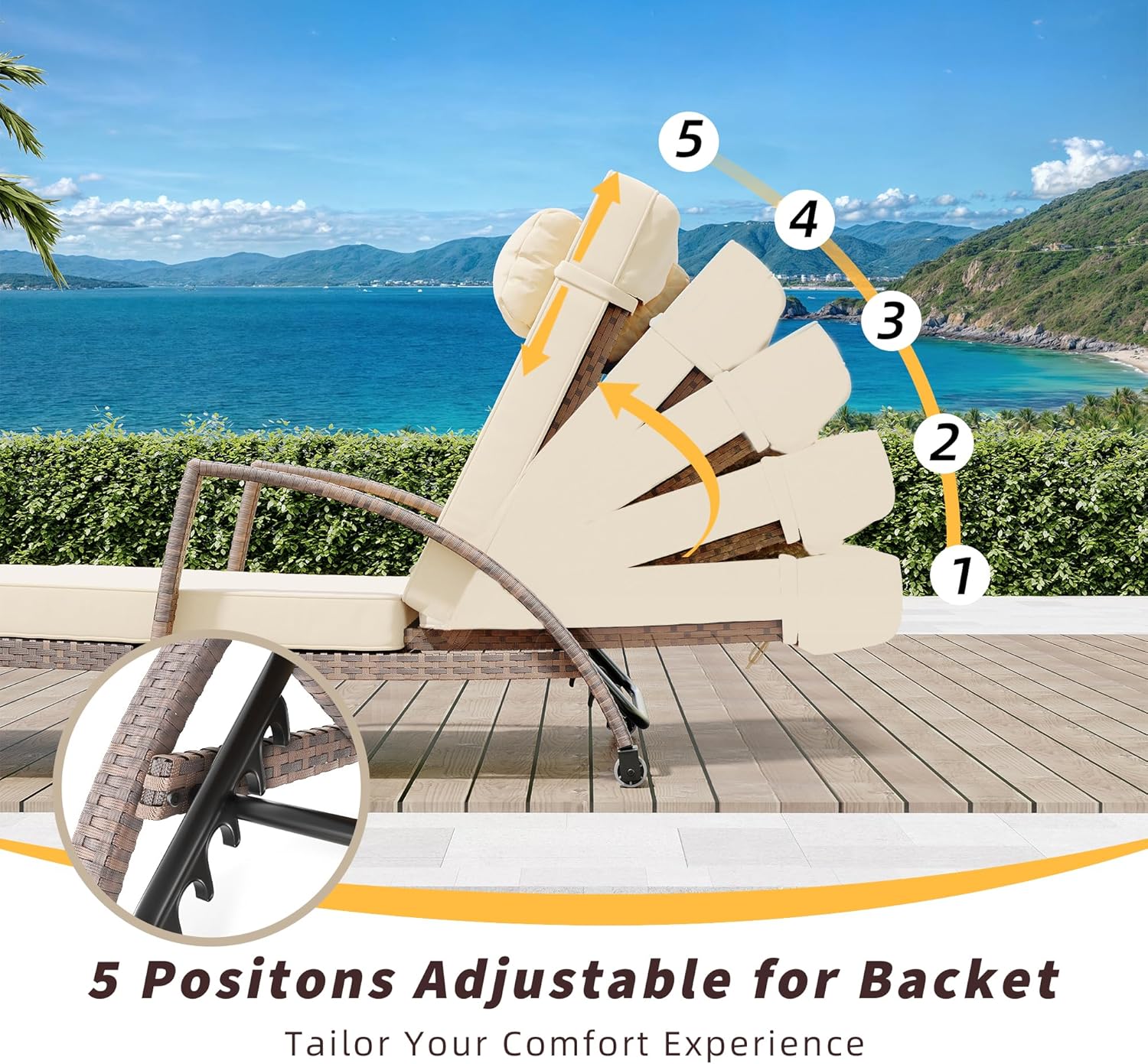 2Pcs Beige Rattan Folding Chaise Lounge,5-Position Adjustable Outdoor Lounge Chair with Cushion & Pillow