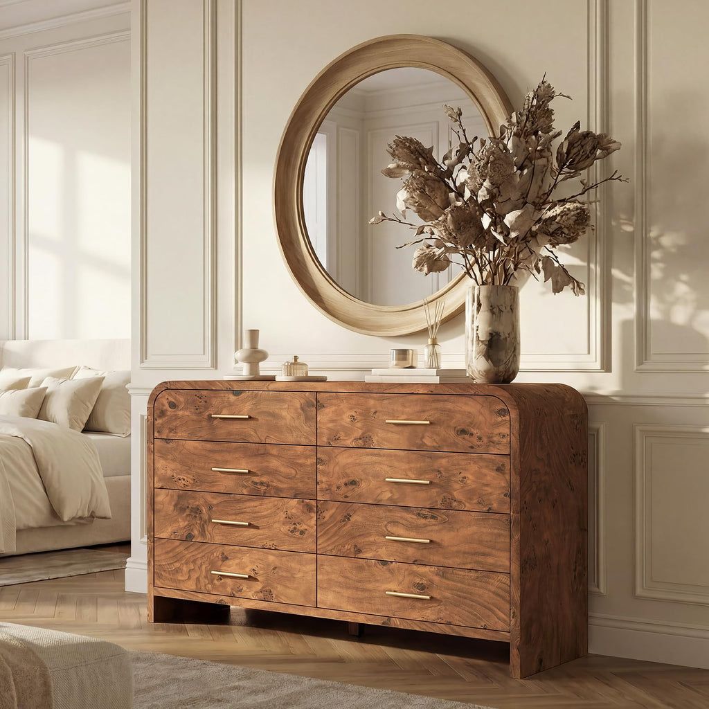 Curved 9-Drawer Dresser for Bedroom, 63" Wide Modern Chest of Drawers, Vanity Desk TV Stand for Living Room, Closet Storage Drawers Organizer Furniture, Nursery, Hallway, Oak