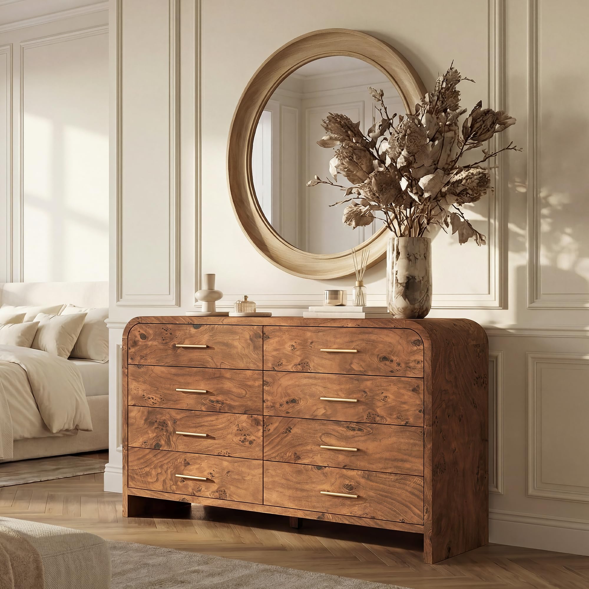 Curved 9-Drawer Dresser for Bedroom, 63" Wide Modern Chest of Drawers, Vanity Desk TV Stand for Living Room, Closet Storage Drawers Organizer Furniture, Nursery, Hallway, Oak