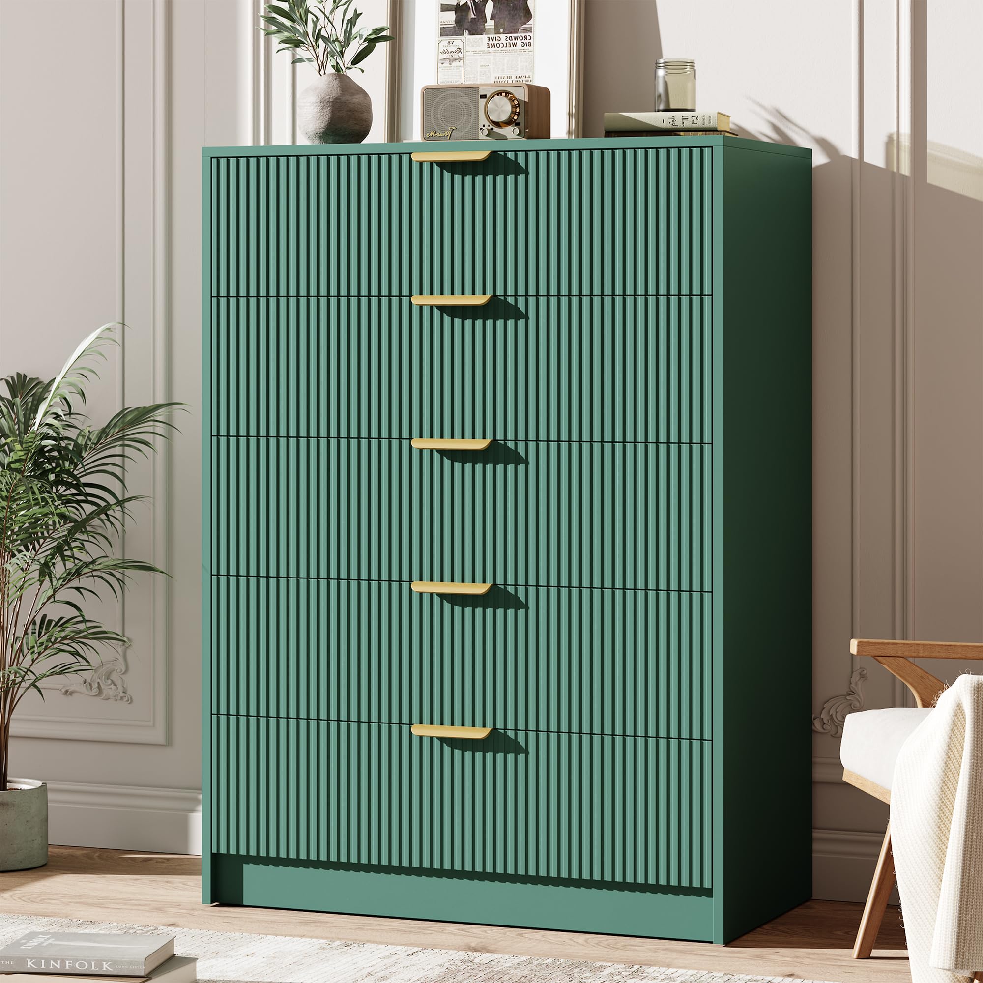 Garvee 6 Drawers Dresser for Bedroom - 54" Wide Modern Fluted Double Chest of Drawers with Golden Metal Handles, Large TV Stand Multi-Function Home Organizer for Living Room, Entryway, Hallway, Black