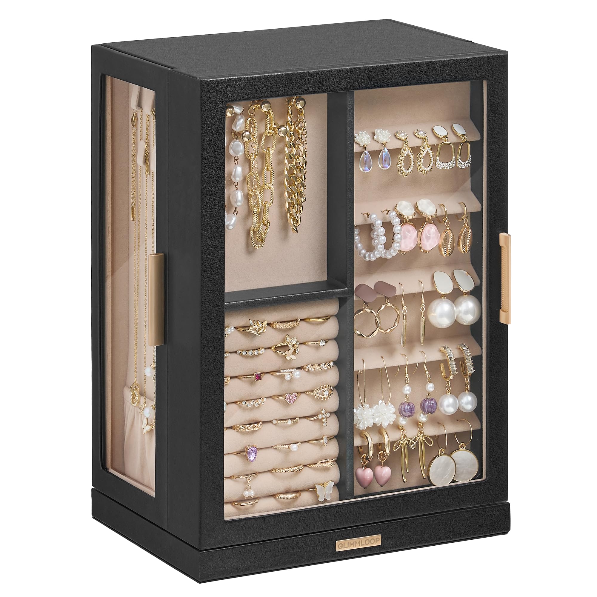 Glimmloop 360° Rotating Jewelry Box with 5 Drawers, Spacious Vertical Jewelry Organizer with Glass Window, Jewelry Storage Case, Dustproof & Moisture-resistant Design, White